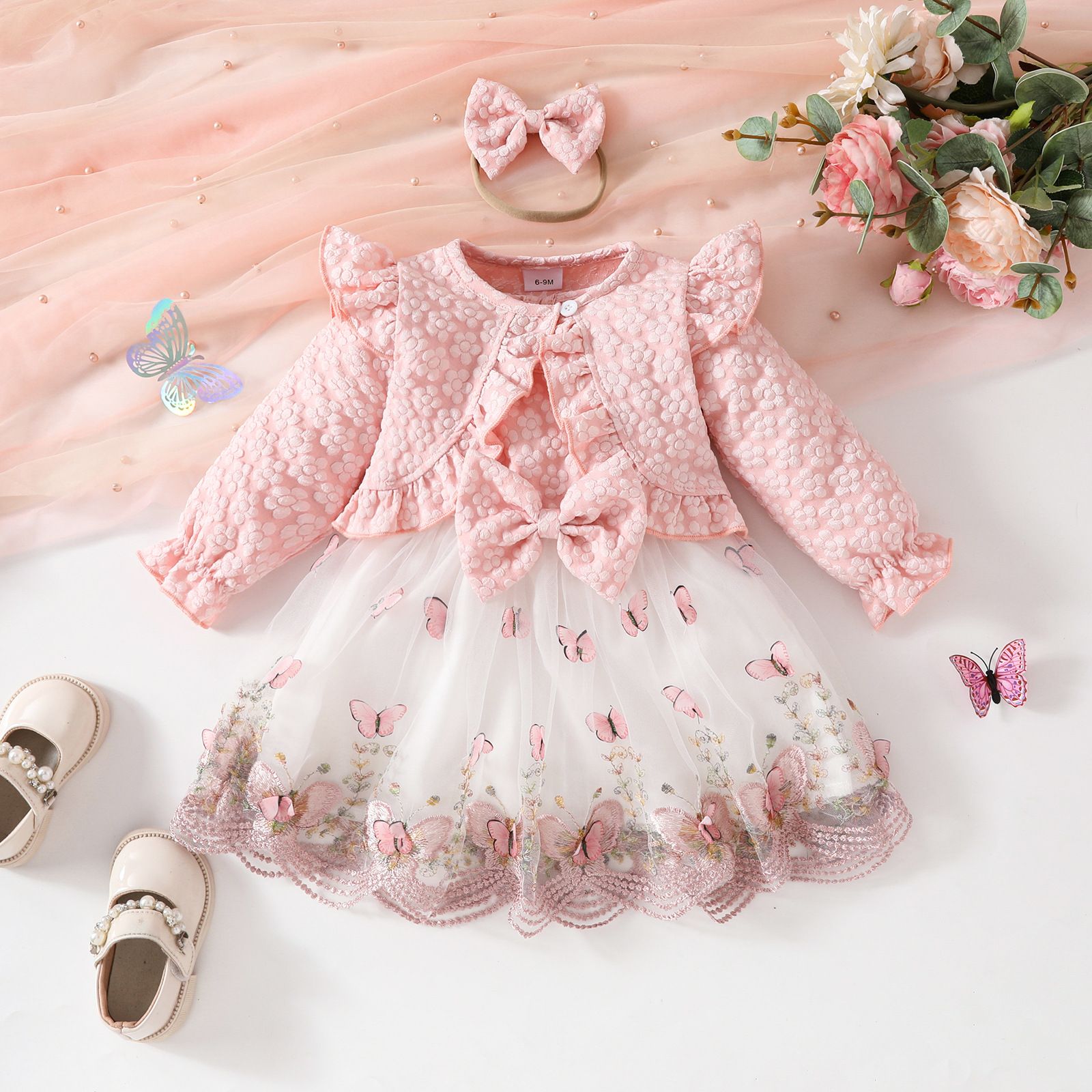Girls Toddler 3 Piece Princess Outfit Long Sleeve Jacket Tulle Spliced Dress Bow Hairband New Season Fashion Cute Walking Baby Clothing