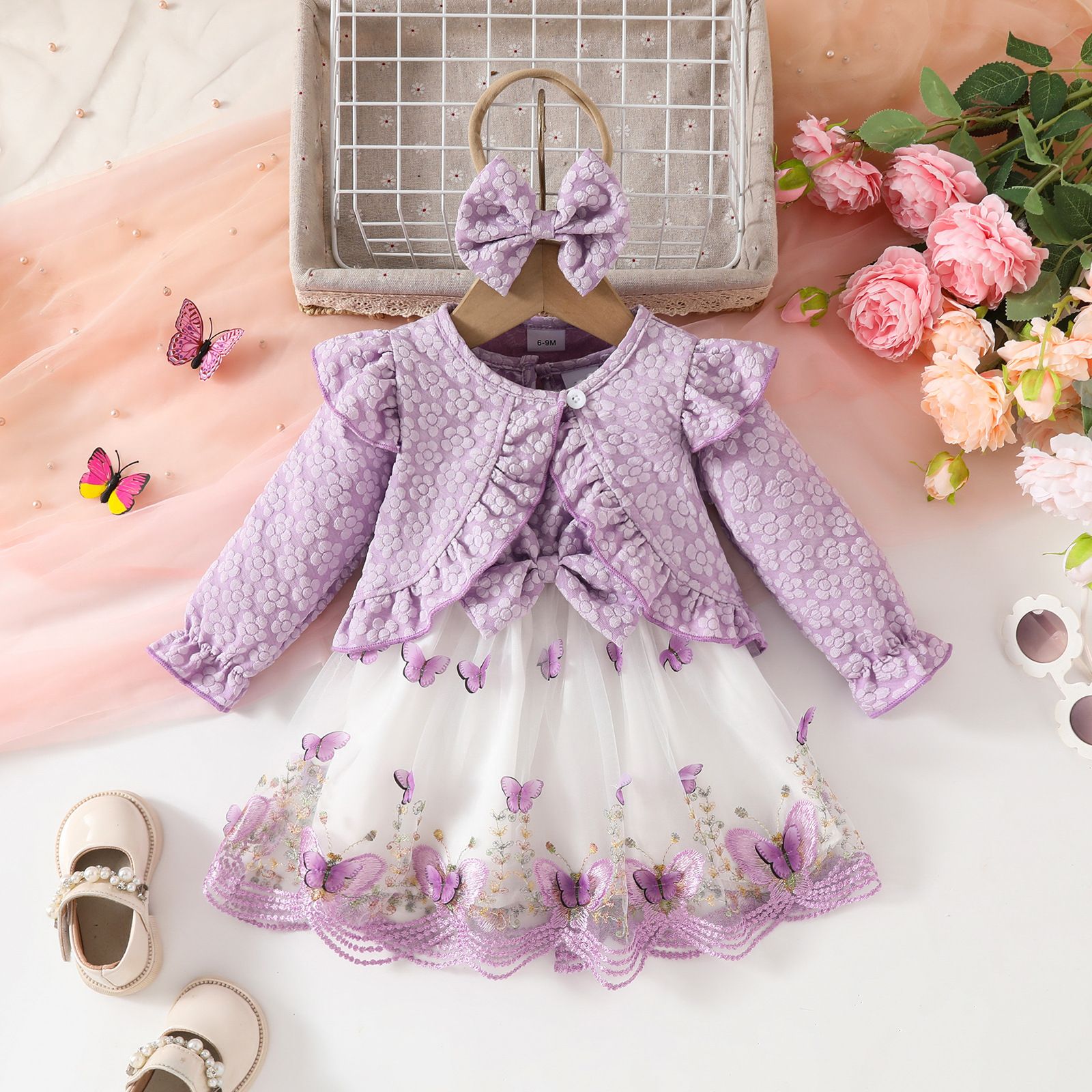 Girls Toddler 3 Piece Princess Outfit Long Sleeve Jacket Tulle Spliced Dress Bow Hairband New Season Fashion Cute Walking Baby Clothing