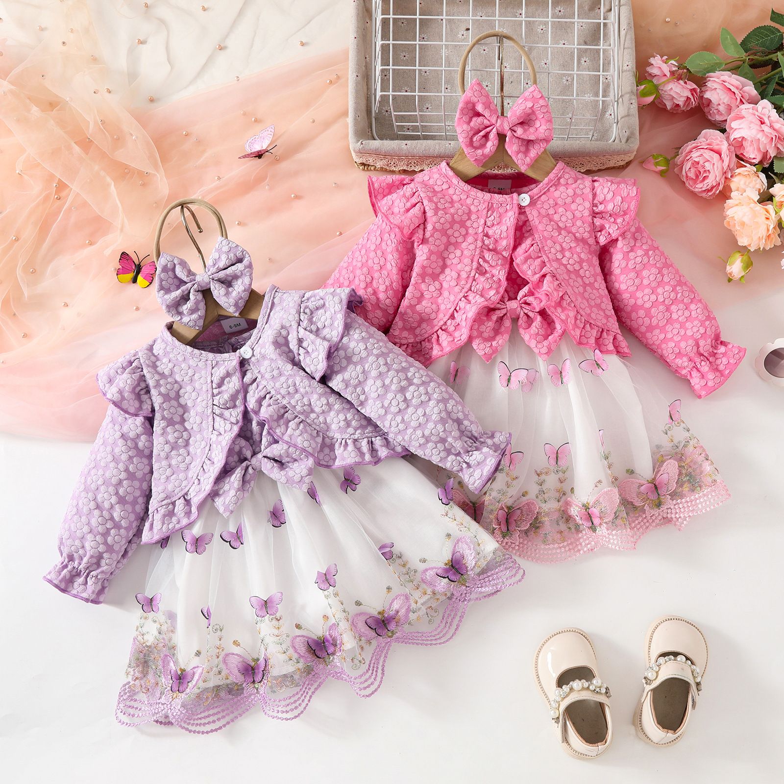 Girls Toddler 3 Piece Princess Outfit Long Sleeve Jacket Tulle Spliced Dress Bow Hairband New Season Fashion Cute Walking Baby Clothing