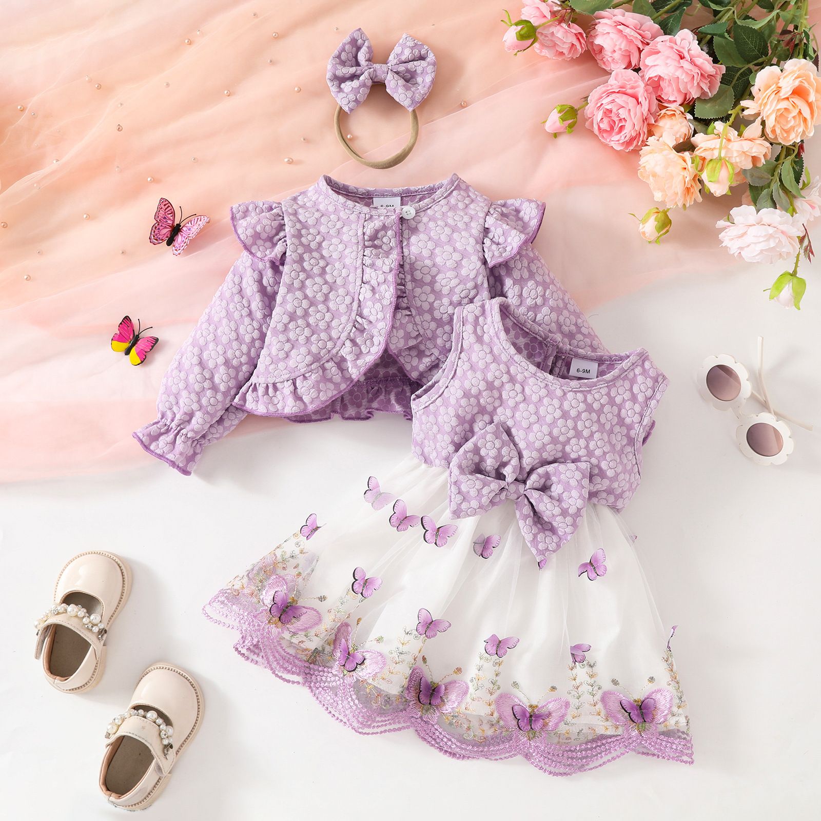 Girls Toddler 3 Piece Princess Outfit Long Sleeve Jacket Tulle Spliced Dress Bow Hairband New Season Fashion Cute Walking Baby Clothing