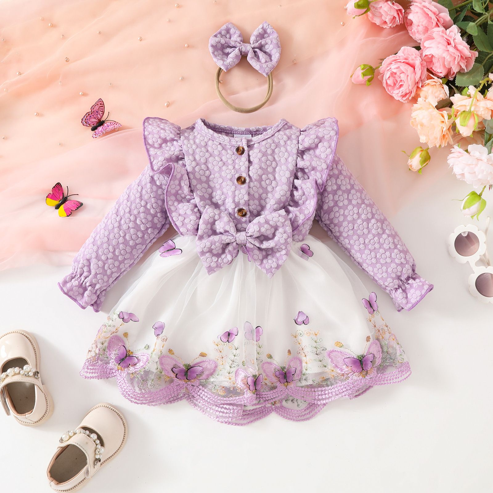 Girls Toddler 3 Piece Princess Outfit Long Sleeve Jacket Tulle Spliced Dress Bow Hairband New Season Fashion Cute Walking Baby Clothing