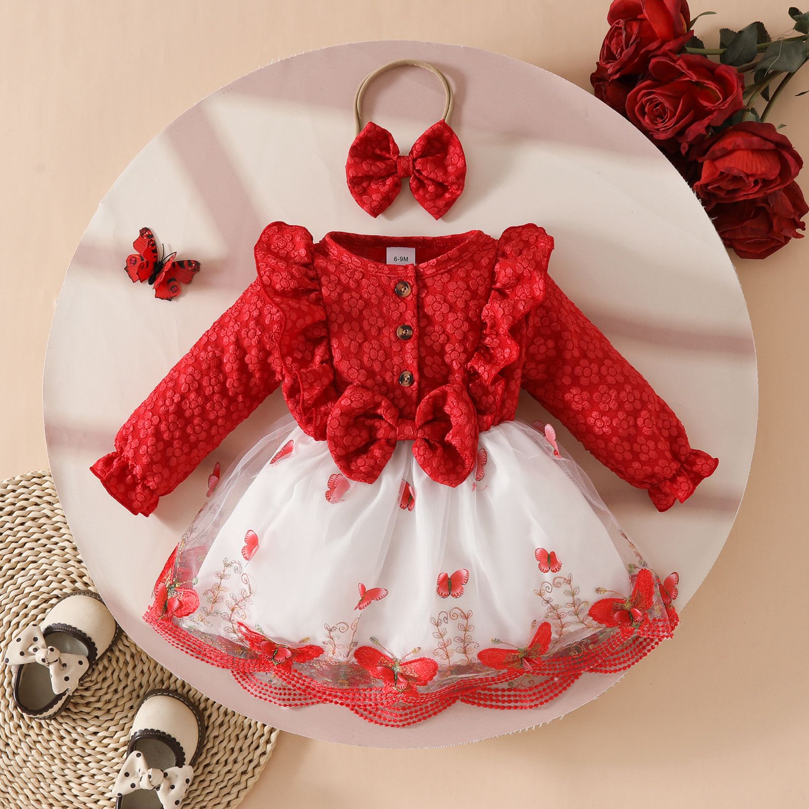 Girls Toddler 3 Piece Princess Outfit Long Sleeve Jacket Tulle Spliced Dress Bow Hairband New Season Fashion Cute Walking Baby Clothing