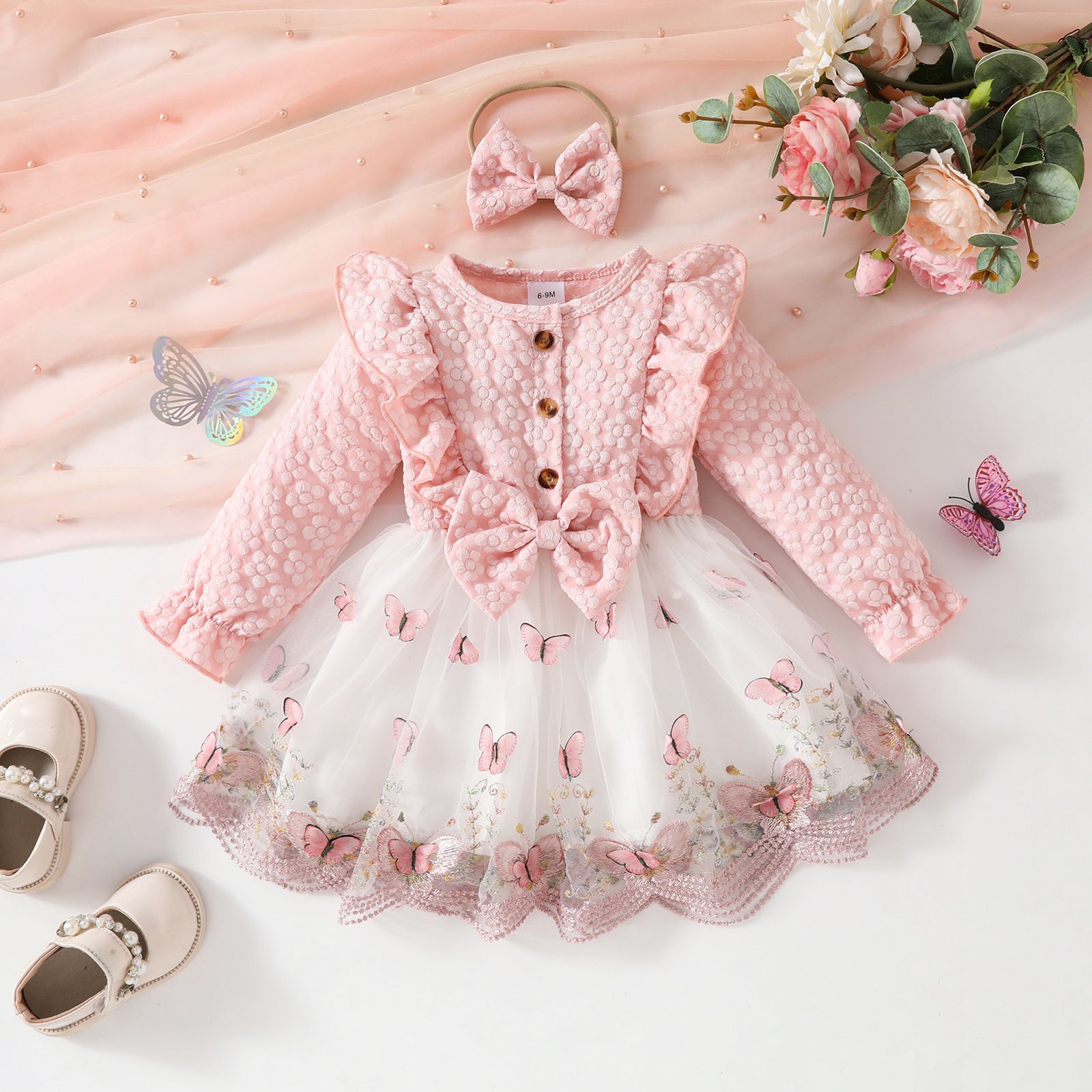 Girls Toddler 3 Piece Princess Outfit Long Sleeve Jacket Tulle Spliced Dress Bow Hairband New Season Fashion Cute Walking Baby Clothing