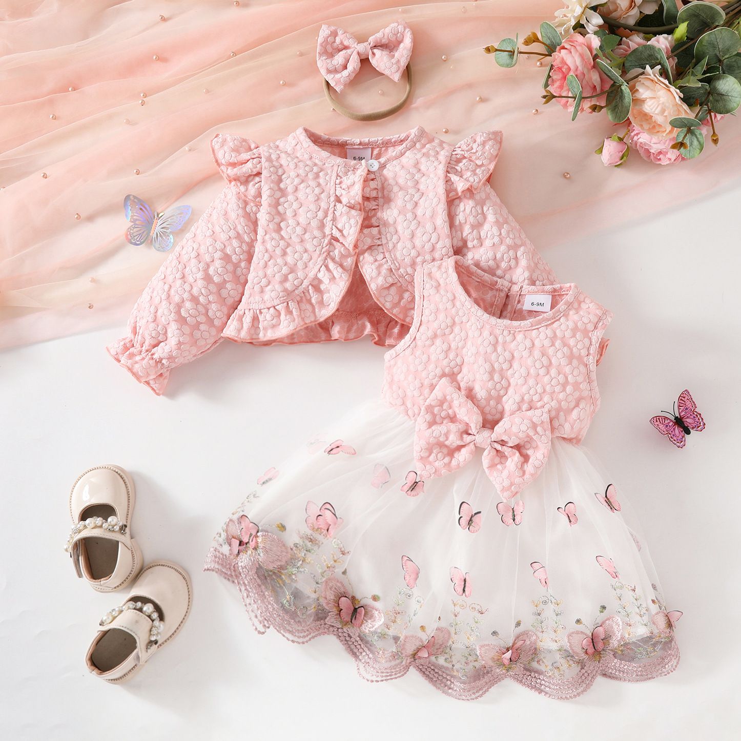 Girls Toddler 3 Piece Princess Outfit Long Sleeve Jacket Tulle Spliced Dress Bow Hairband New Season Fashion Cute Walking Baby Clothing