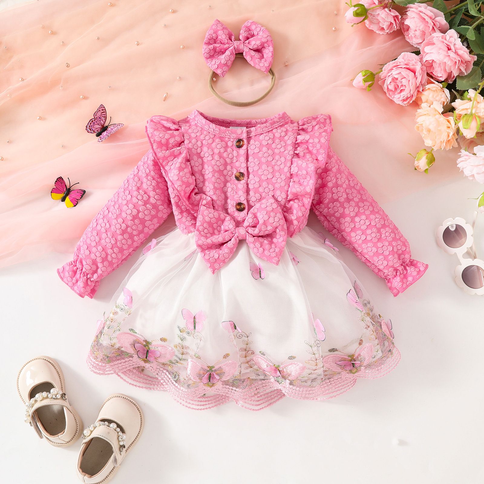 Girls Toddler 3 Piece Princess Outfit Long Sleeve Jacket Tulle Spliced Dress Bow Hairband New Season Fashion Cute Walking Baby Clothing