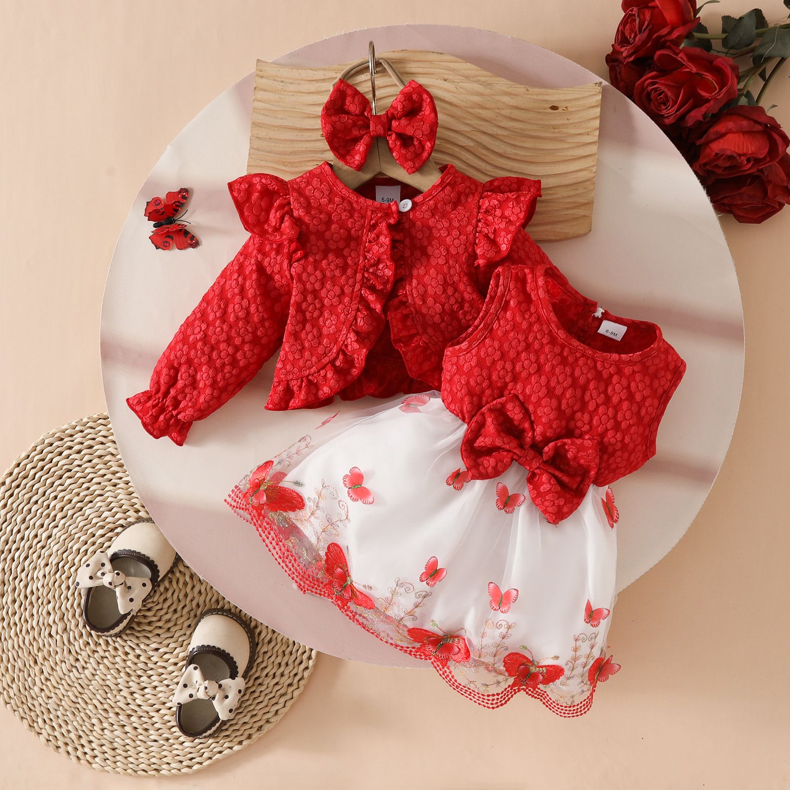 Girls Toddler 3 Piece Princess Outfit Long Sleeve Jacket Tulle Spliced Dress Bow Hairband New Season Fashion Cute Walking Baby Clothing