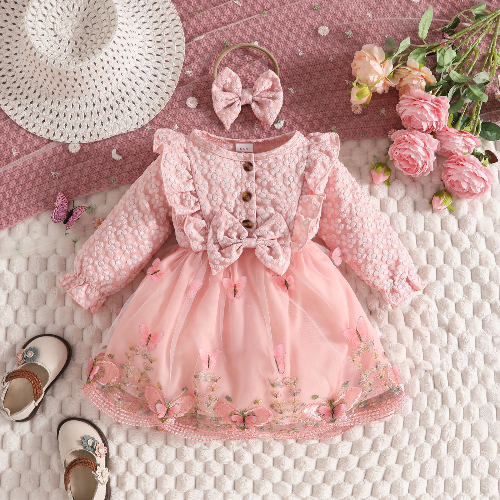 Girls Toddler 3 Piece Princess Outfit Long Sleeve Jacket Tulle Spliced Dress Bow Hairband New Season Fashion Cute Walking Baby Clothing
