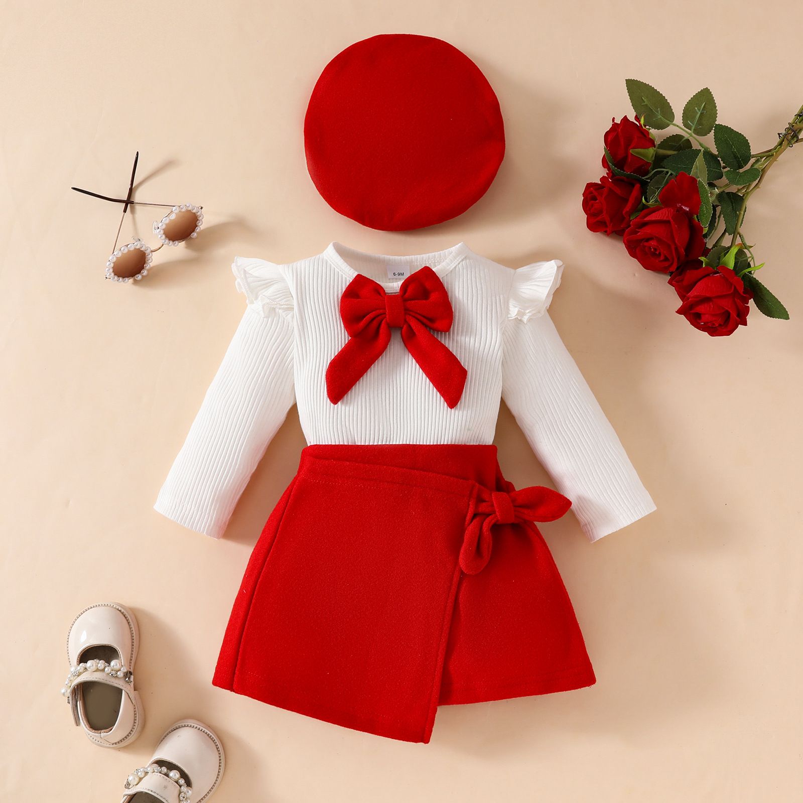 Girls Clothing Toddler 3 Piece Outfit Knitted Fabric Comfortable & Soft Beret Long Sleeve Top Midi Skirt Big Bow Autumn Winter New Season Fashion Elegant Suitable for 0-5Y