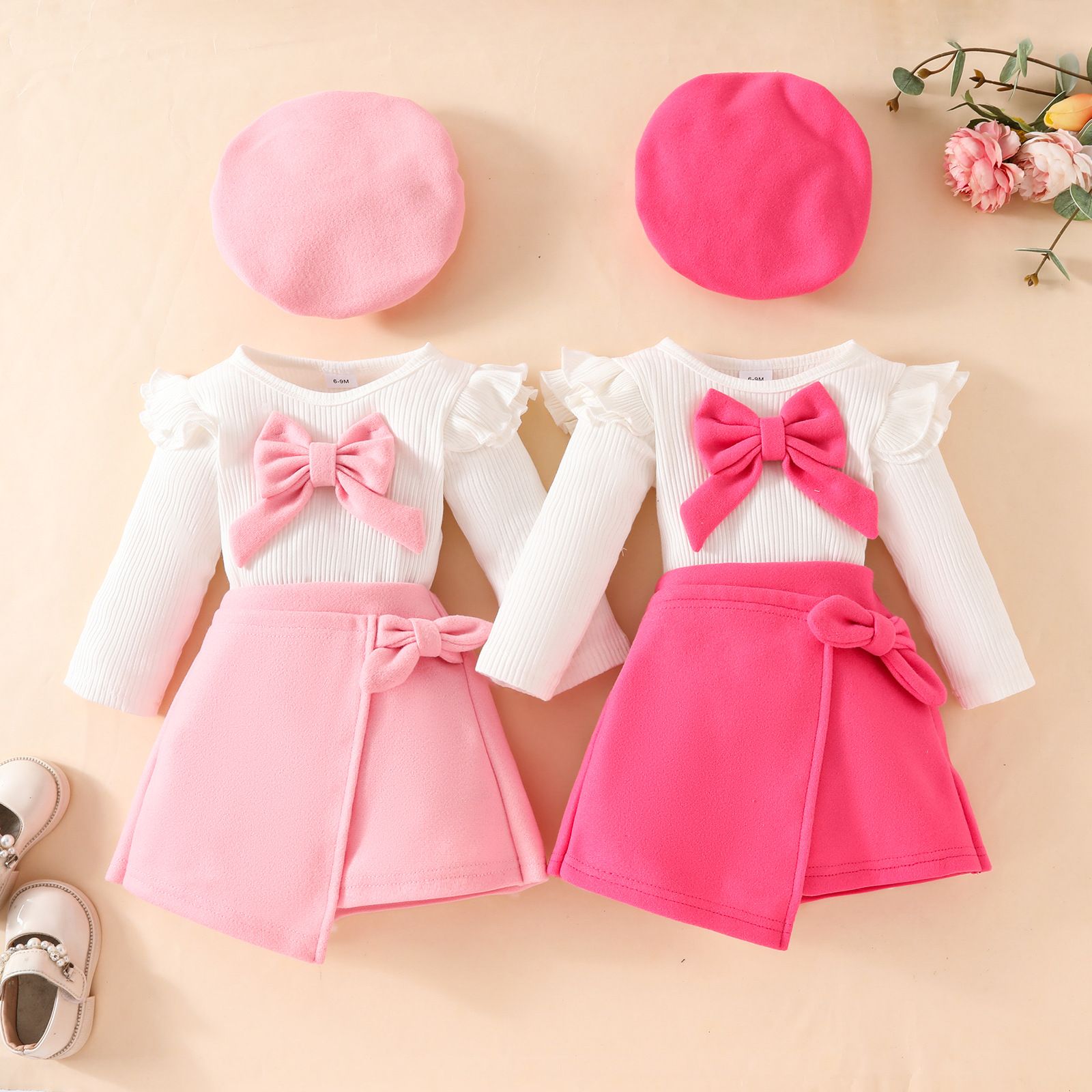Girls Clothing Toddler 3 Piece Outfit Knitted Fabric Comfortable & Soft Beret Long Sleeve Top Midi Skirt Big Bow Autumn Winter New Season Fashion Elegant Suitable for 0-5Y