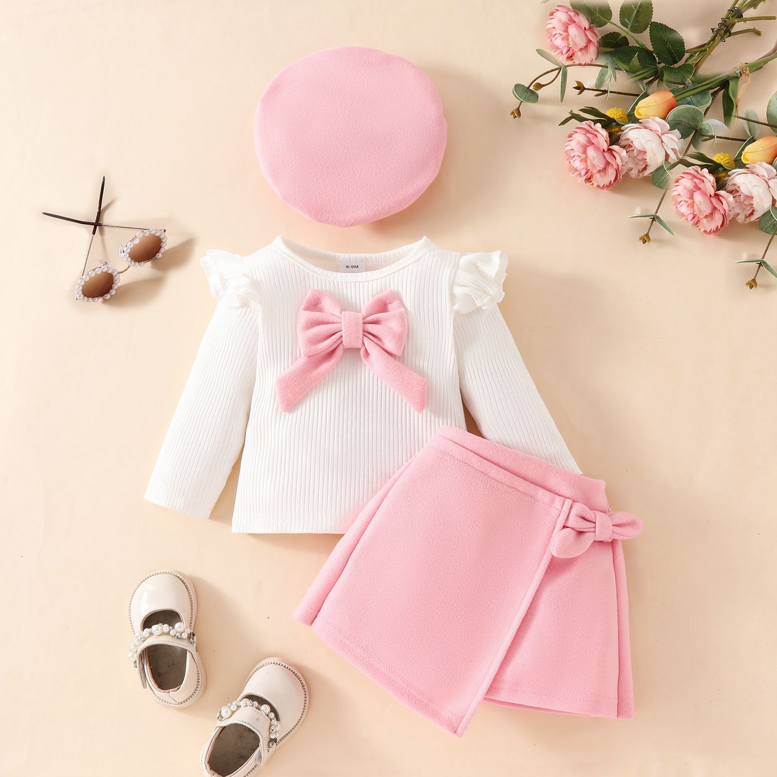 Girls Clothing Toddler 3 Piece Outfit Knitted Fabric Comfortable & Soft Beret Long Sleeve Top Midi Skirt Big Bow Autumn Winter New Season Fashion Elegant Suitable for 0-5Y