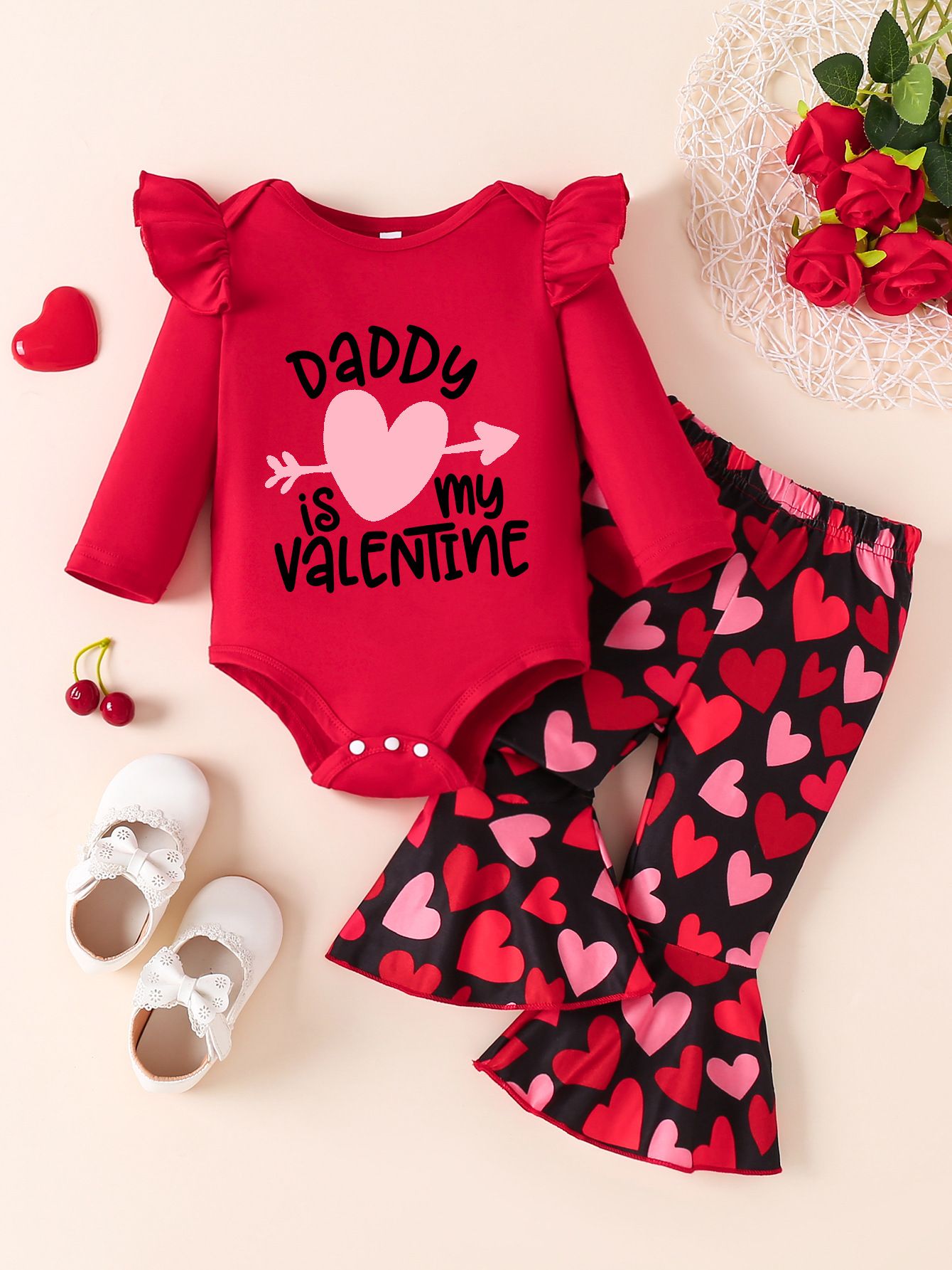 Baby Clothing 2 Piece Set Long Sleeve Romper With Letter Heart Print Flared Pants Fashion Comfortable Breathable Outfit For Holiday Party Newborn Toddler Wear