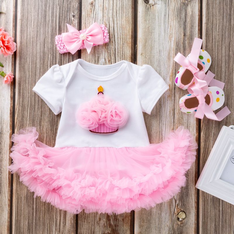 3 Piece Girls Clothing Set For 0-2 Years Old Baby Infant Romper Pink Cake Skirt Princess Dress First Walker Shoes Fashion New Style Soft Comfortable Breathable INS Style