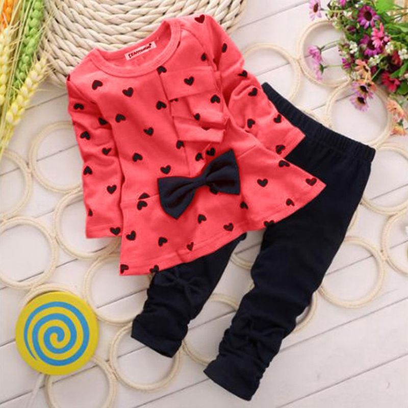 2 Piece Girls Kids Clothing Set Long Sleeve Pants Ruffled Skirt Heart Polka Dot Bowknot Heart Print Fashion New Style Soft Comfortable Breathable