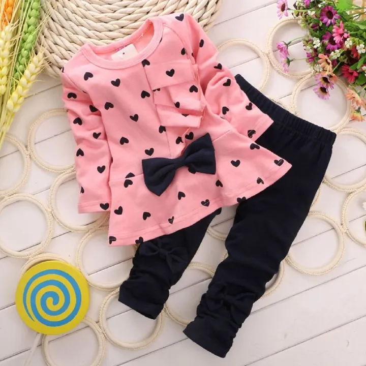 2 Piece Girls Kids Clothing Set Long Sleeve Pants Ruffled Skirt Heart Polka Dot Bowknot Heart Print Fashion New Style Soft Comfortable Breathable