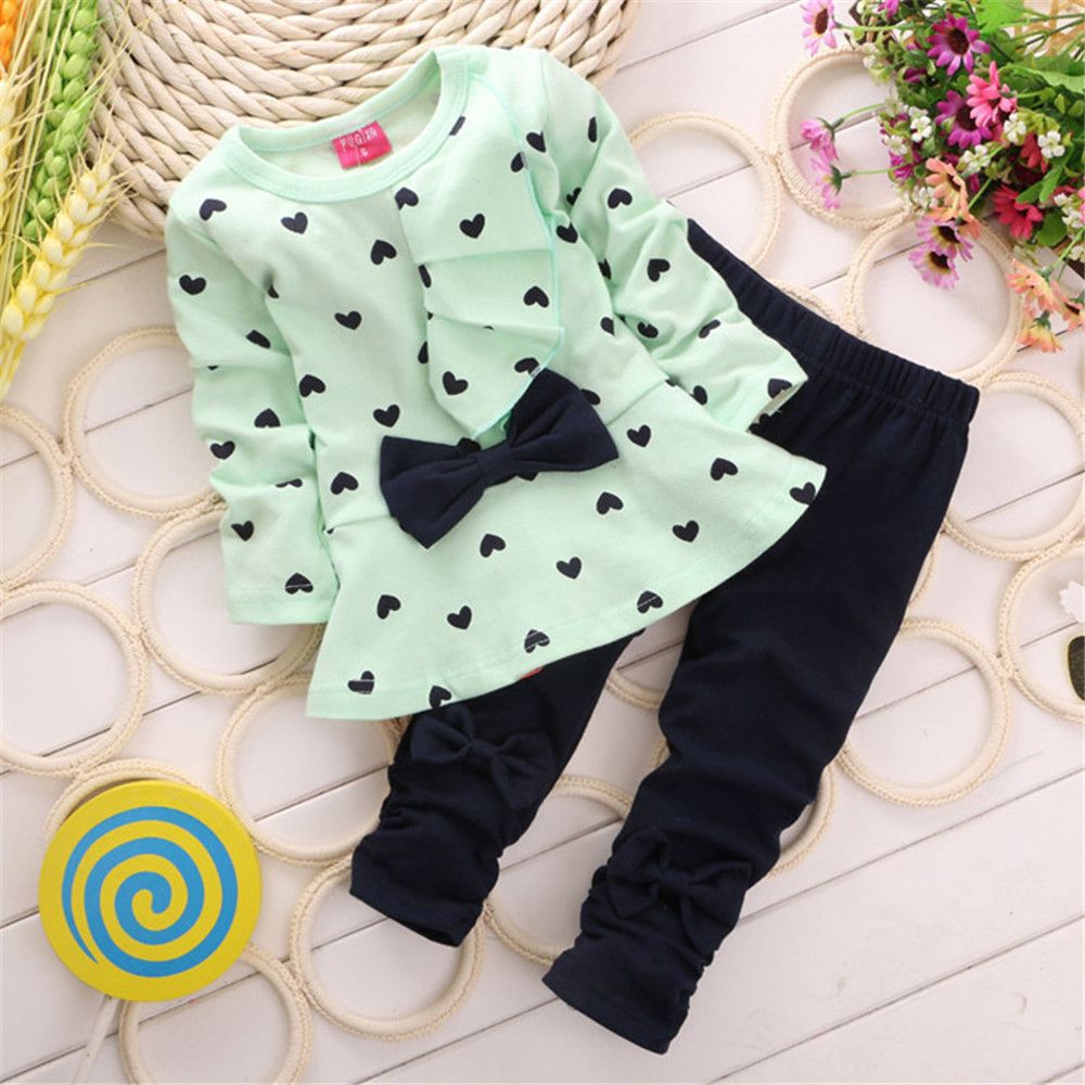 2 Piece Girls Kids Clothing Set Long Sleeve Pants Ruffled Skirt Heart Polka Dot Bowknot Heart Print Fashion New Style Soft Comfortable Breathable