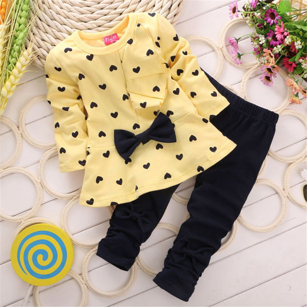 2 Piece Girls Kids Clothing Set Long Sleeve Pants Ruffled Skirt Heart Polka Dot Bowknot Heart Print Fashion New Style Soft Comfortable Breathable