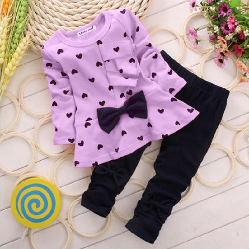 2 Piece Girls Kids Clothing Set Long Sleeve Pants Ruffled Skirt Heart Polka Dot Bowknot Heart Print Fashion New Style Soft Comfortable Breathable