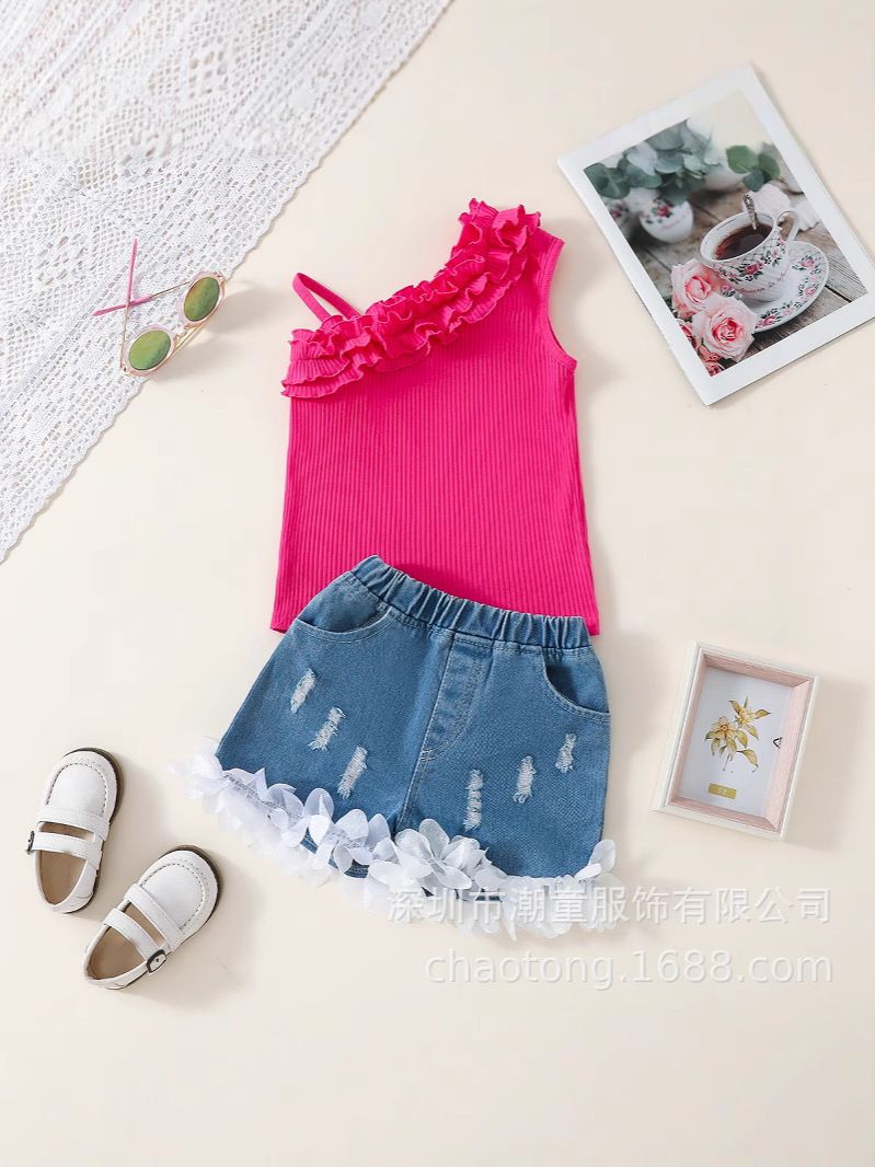 2 Piece Girls Kids Clothing Set Spaghetti Strap Ruffled Top Denim Shorts Heart Print Fashion New Style Soft Fabric High End Design Festival Party Outdoor Versatile