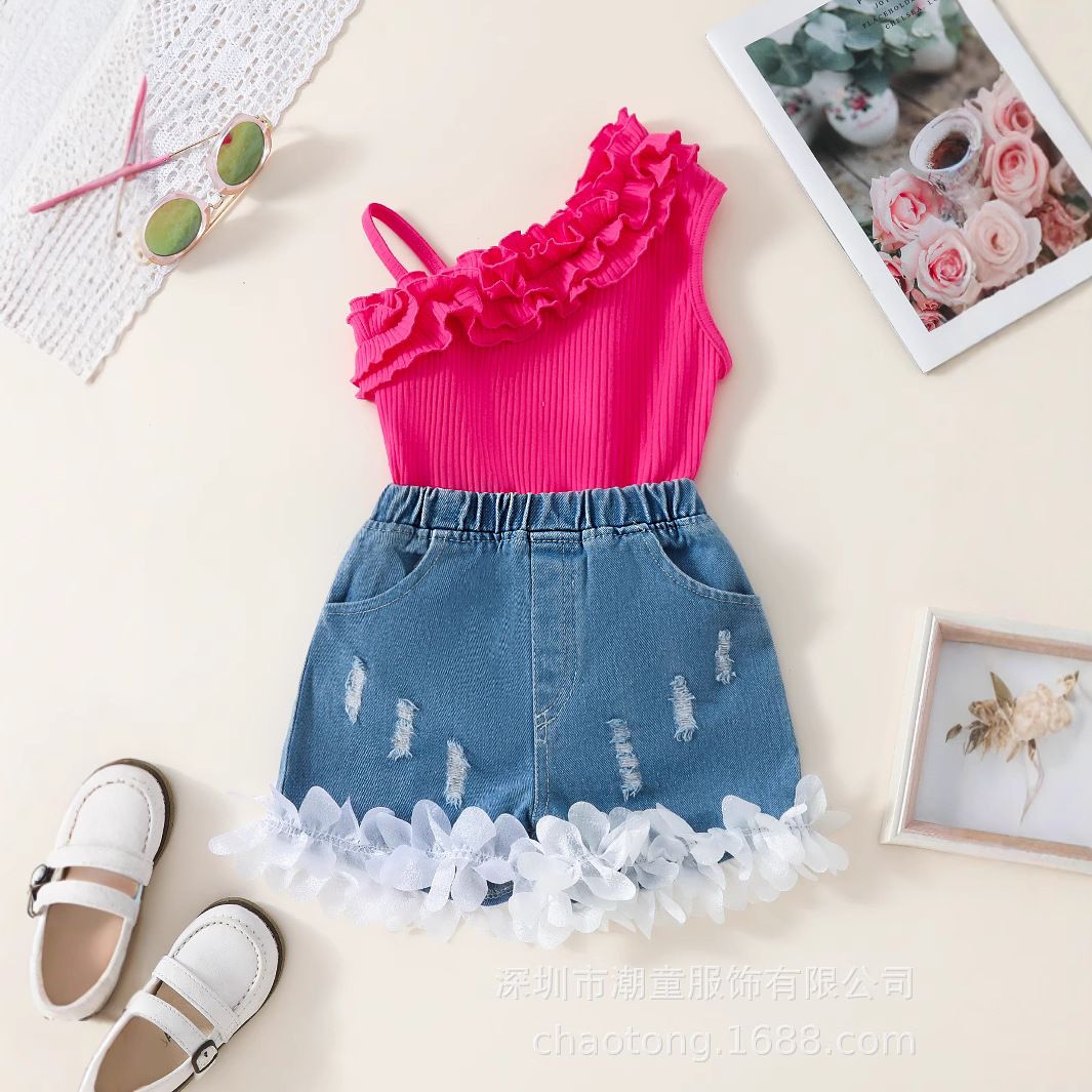 2 Piece Girls Kids Clothing Set Spaghetti Strap Ruffled Top Denim Shorts Heart Print Fashion New Style Soft Fabric High End Design Festival Party Outdoor Versatile