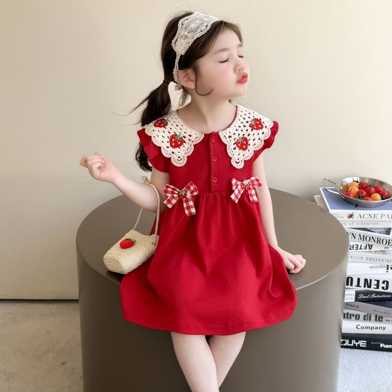 Baby Girls Kids Clothing Set Strawberry Print Bowknot Vest Dress Toddler Formal Gown Fashion New Style Festival Party Outdoor Versatile