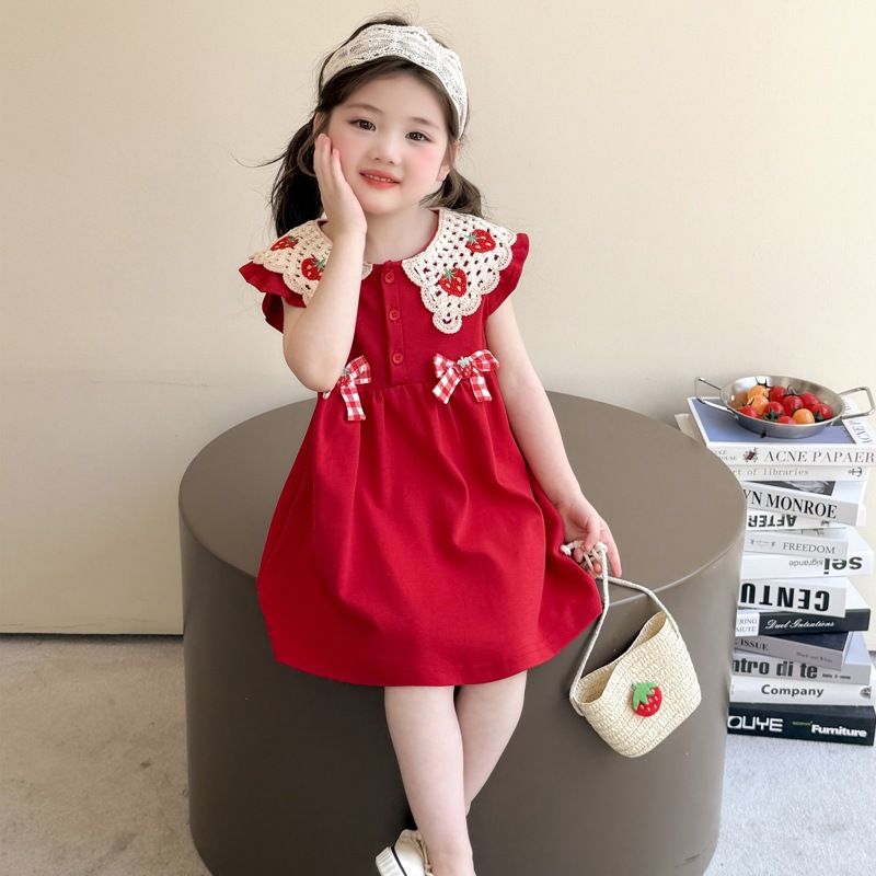 Baby Girls Kids Clothing Set Strawberry Print Bowknot Vest Dress Toddler Formal Gown Fashion New Style Festival Party Outdoor Versatile