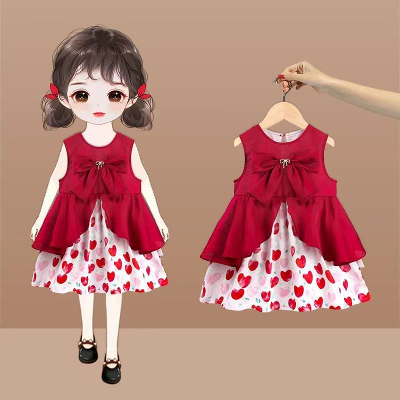 Baby Girls Kids Clothing Set Strawberry Print Bowknot Vest Dress Toddler Formal Gown Fashion New Style Festival Party Outdoor Versatile