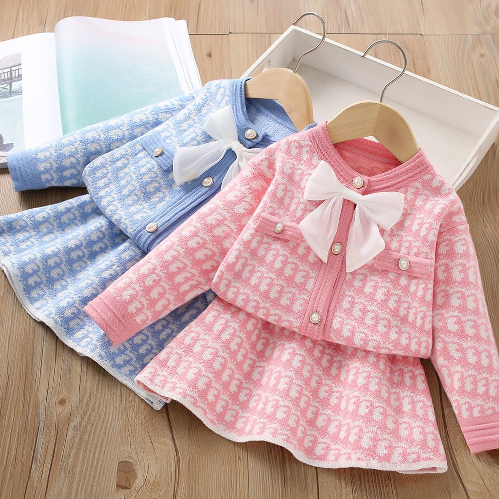 2 Piece Girls Kids Clothing Set Long Sleeve Top Bowknot Children's Princess Dress Cute Casual Style Fashion New Style Festival Party Outdoor Versatile
