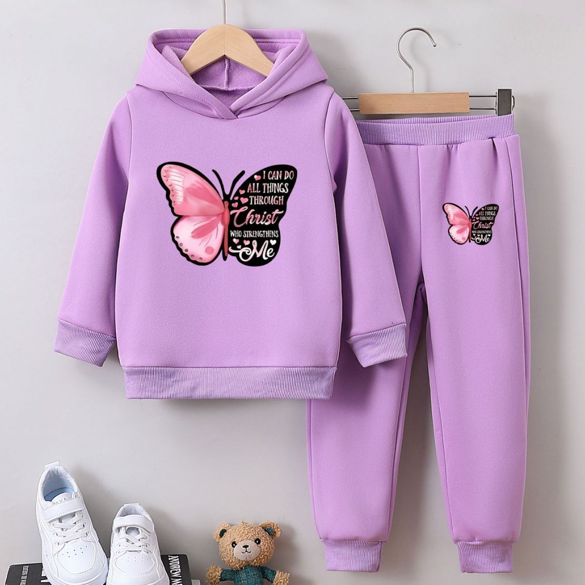 2 Piece Girls Kids Clothing Set Fashion Hoodie Sweatshirt Cuffed Pants Cartoon Butterfly Cute Autumn Winter New Style Festival Party Outdoor Versatile keep warm