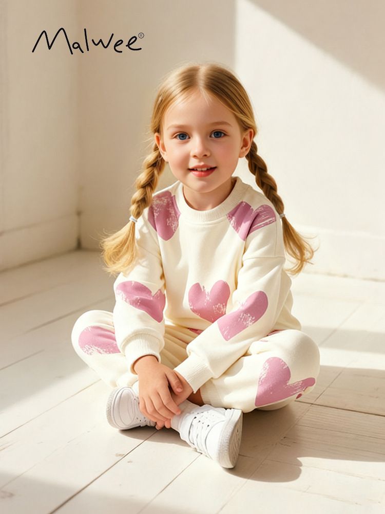 2 Piece Girls Kids Clothing Set Fashion Long Sleeve Hoodie Cuffed Pants Heart Print Cute Style Autumn Winter New Style