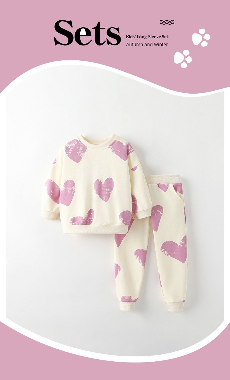 2 Piece Girls Kids Clothing Set Fashion Long Sleeve Hoodie Cuffed Pants Heart Print Cute Style Autumn Winter New Style