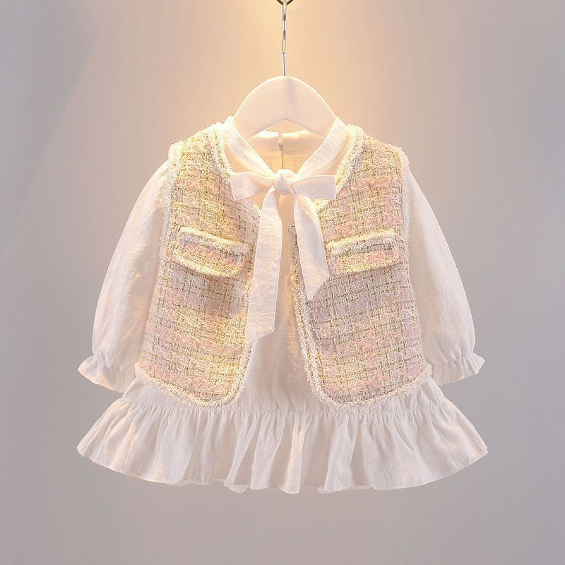 2 Piece Baby Girls Kids Clothing Set Vest Coat Long Sleeve Dress Bowknot Princess Dress Autumn Winter Outfit