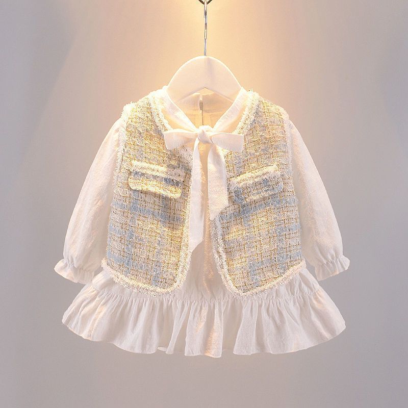 2 Piece Baby Girls Kids Clothing Set Vest Coat Long Sleeve Dress Bowknot Princess Dress Autumn Winter Outfit