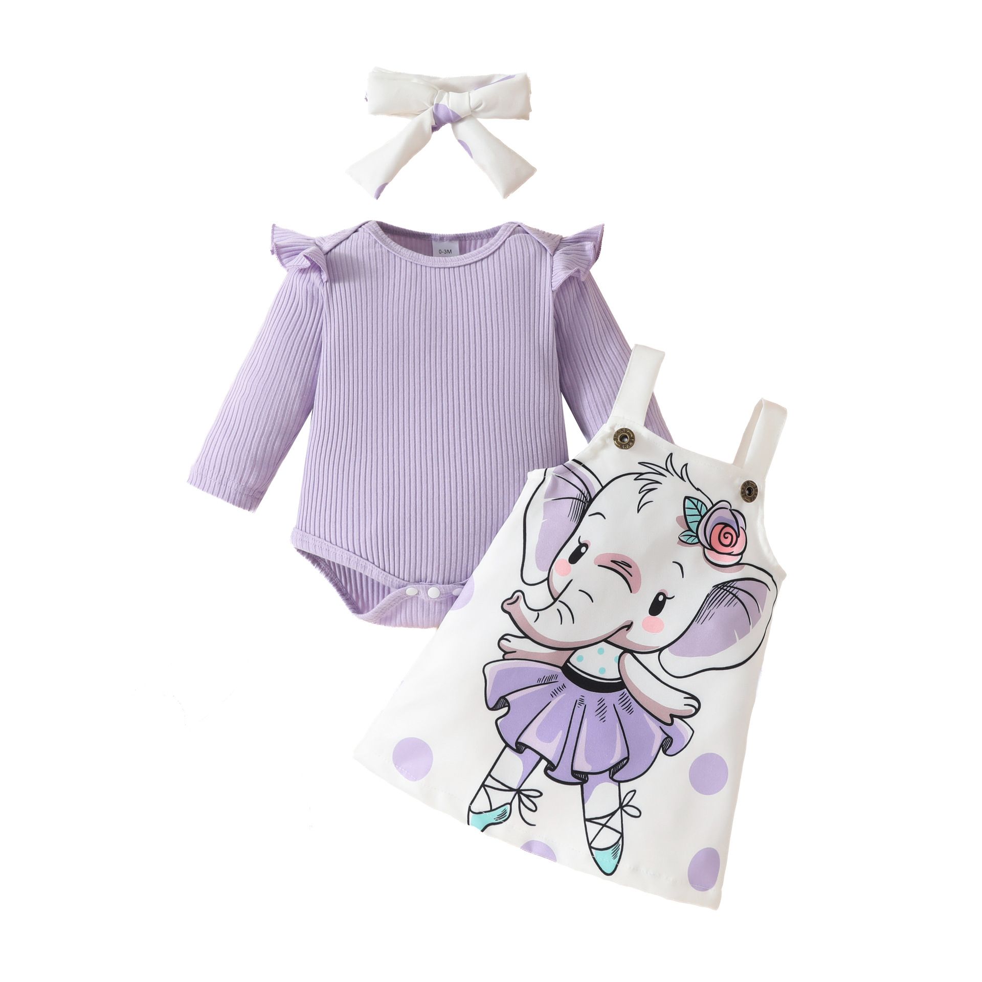 3 Piece Baby Girls Kids Clothing Set Long Sleeve Romper Onesie Bowknot Headband Elephant Print Fashion Soft Breathable Festival Party Gift