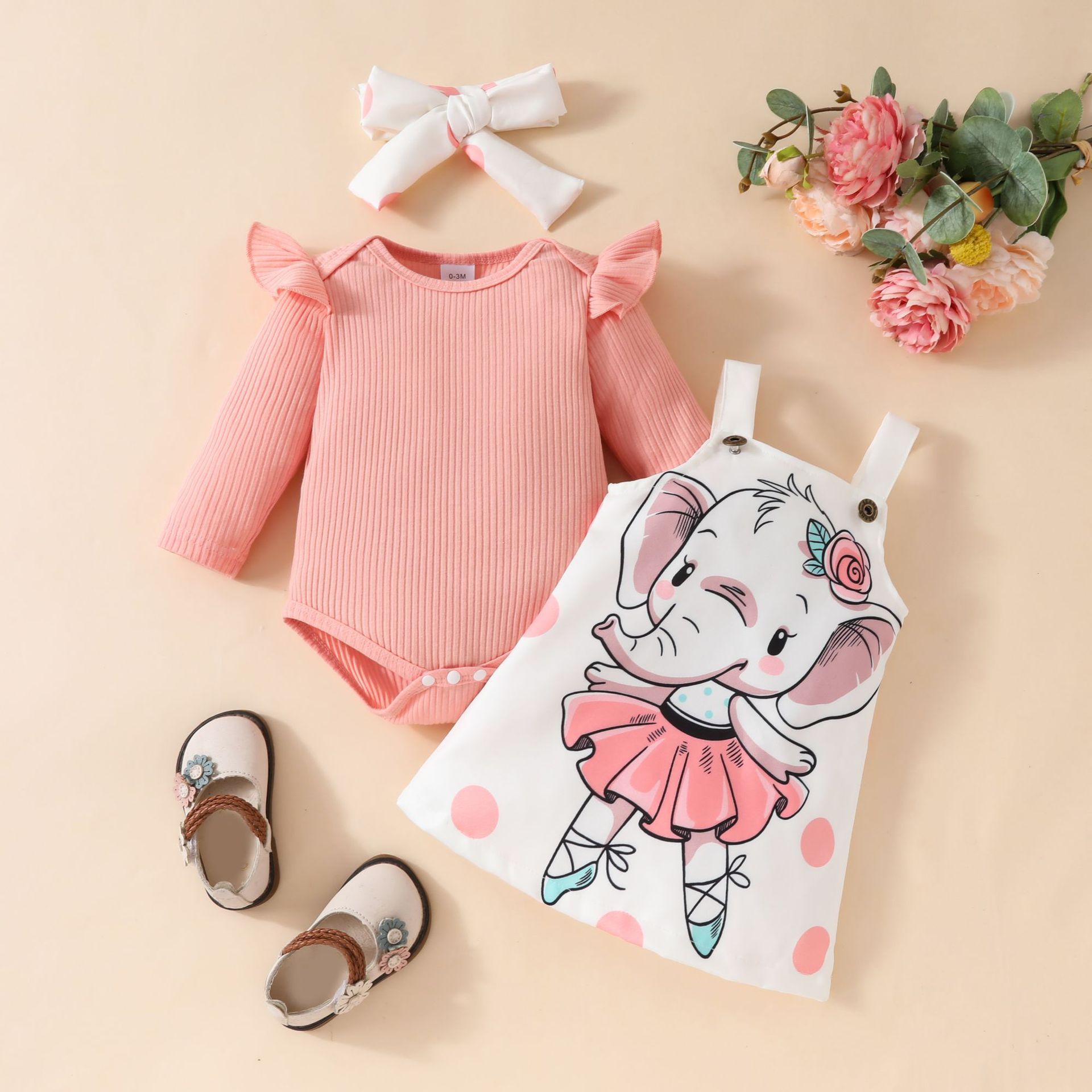 3 Piece Baby Girls Kids Clothing Set Long Sleeve Romper Onesie Bowknot Headband Elephant Print Fashion Soft Breathable Festival Party Gift