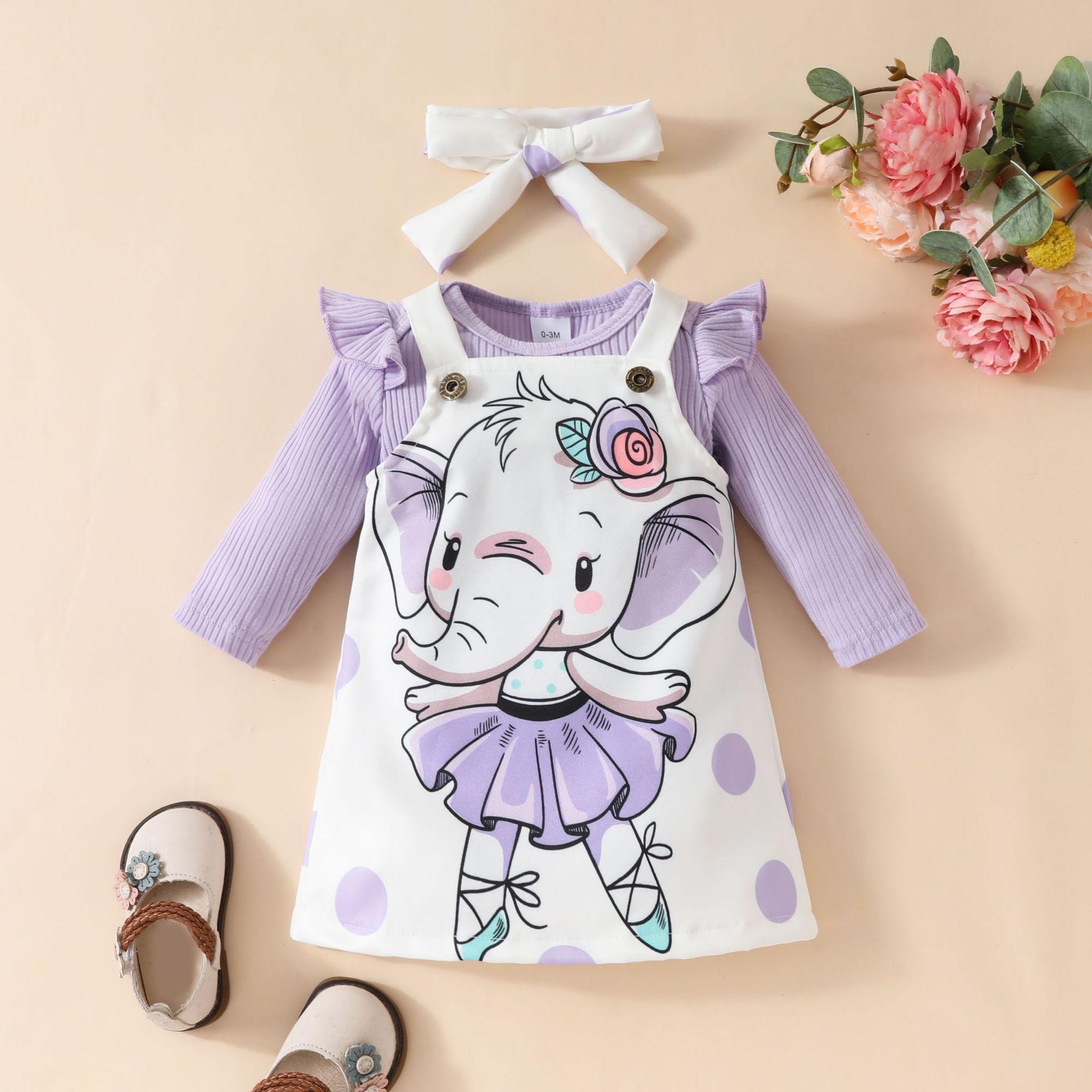 3 Piece Baby Girls Kids Clothing Set Long Sleeve Romper Onesie Bowknot Headband Elephant Print Fashion Soft Breathable Festival Party Gift