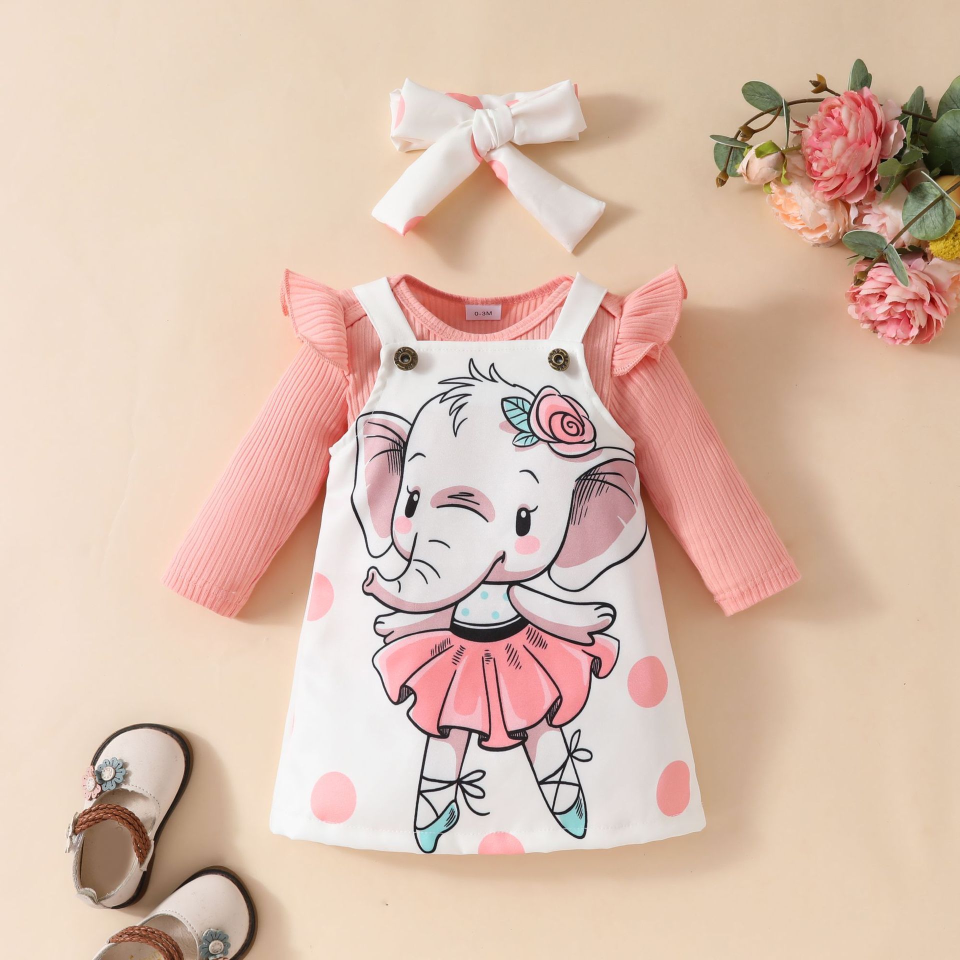 3 Piece Baby Girls Kids Clothing Set Long Sleeve Romper Onesie Bowknot Headband Elephant Print Fashion Soft Breathable Festival Party Gift
