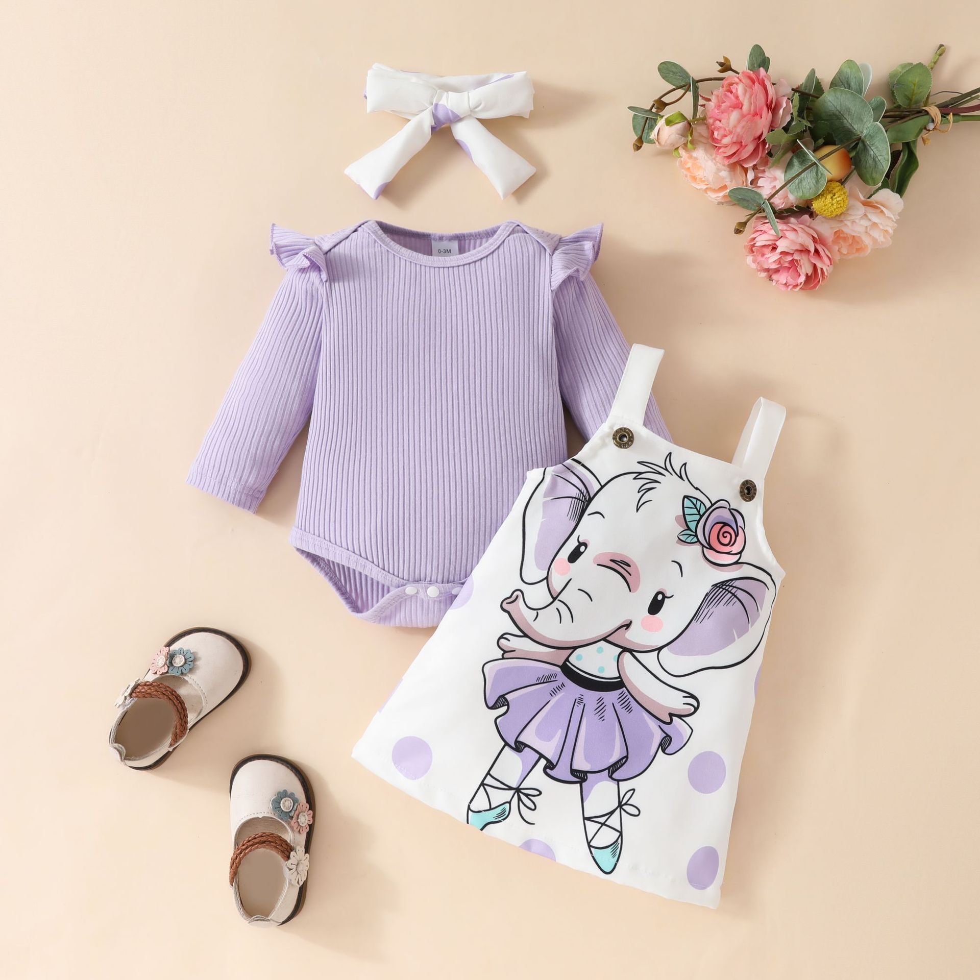 3 Piece Baby Girls Kids Clothing Set Long Sleeve Romper Onesie Bowknot Headband Elephant Print Fashion Soft Breathable Festival Party Gift