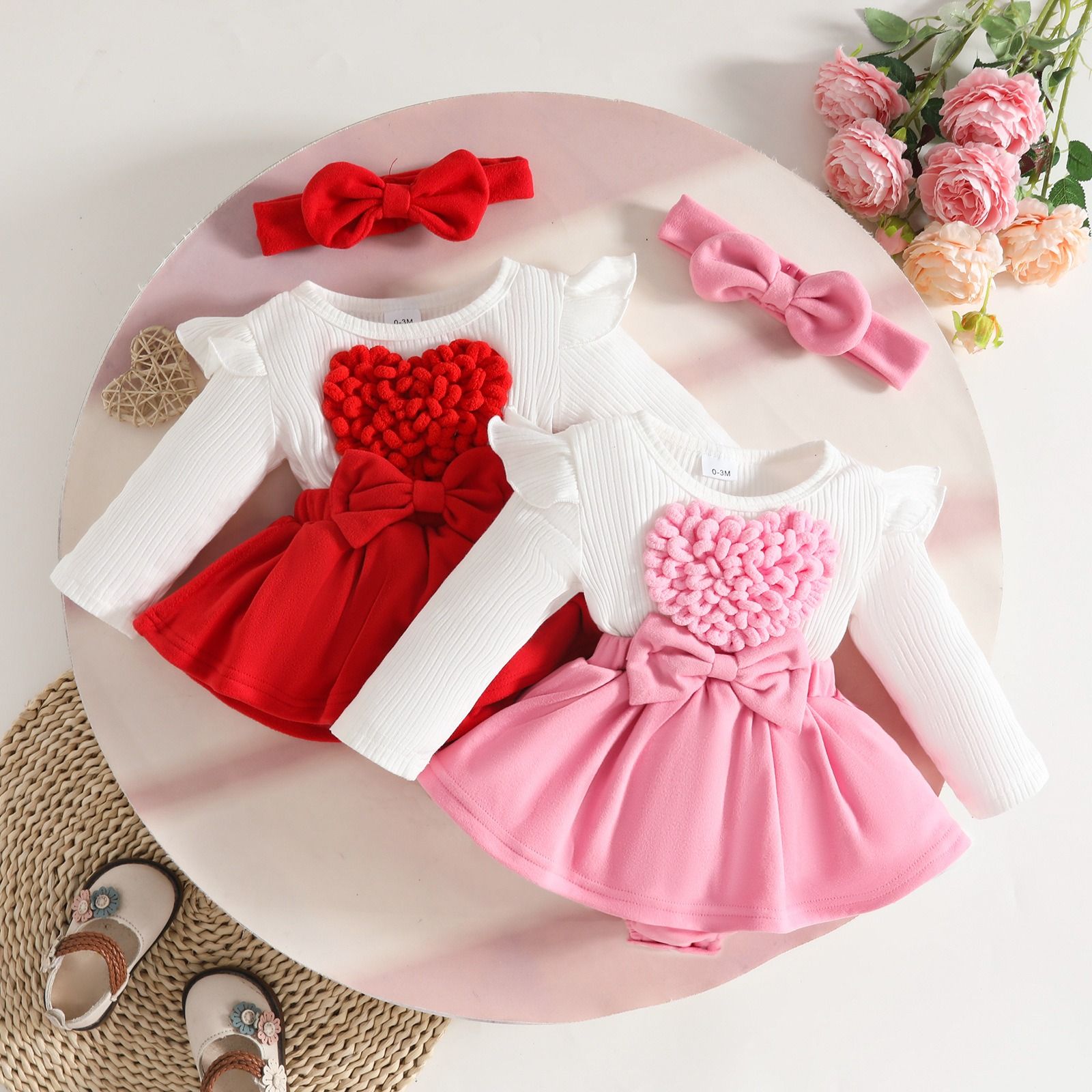 2 Pcs Autumn Winter Baby Girl Dress Cute 3D Heart Ribbed Patchwork Long Sleeve Dress with Woolen Fabric Open Crotch Design Newborn Infant Outfit with Headband Adorable Baby Clothing for 0–18 Months
