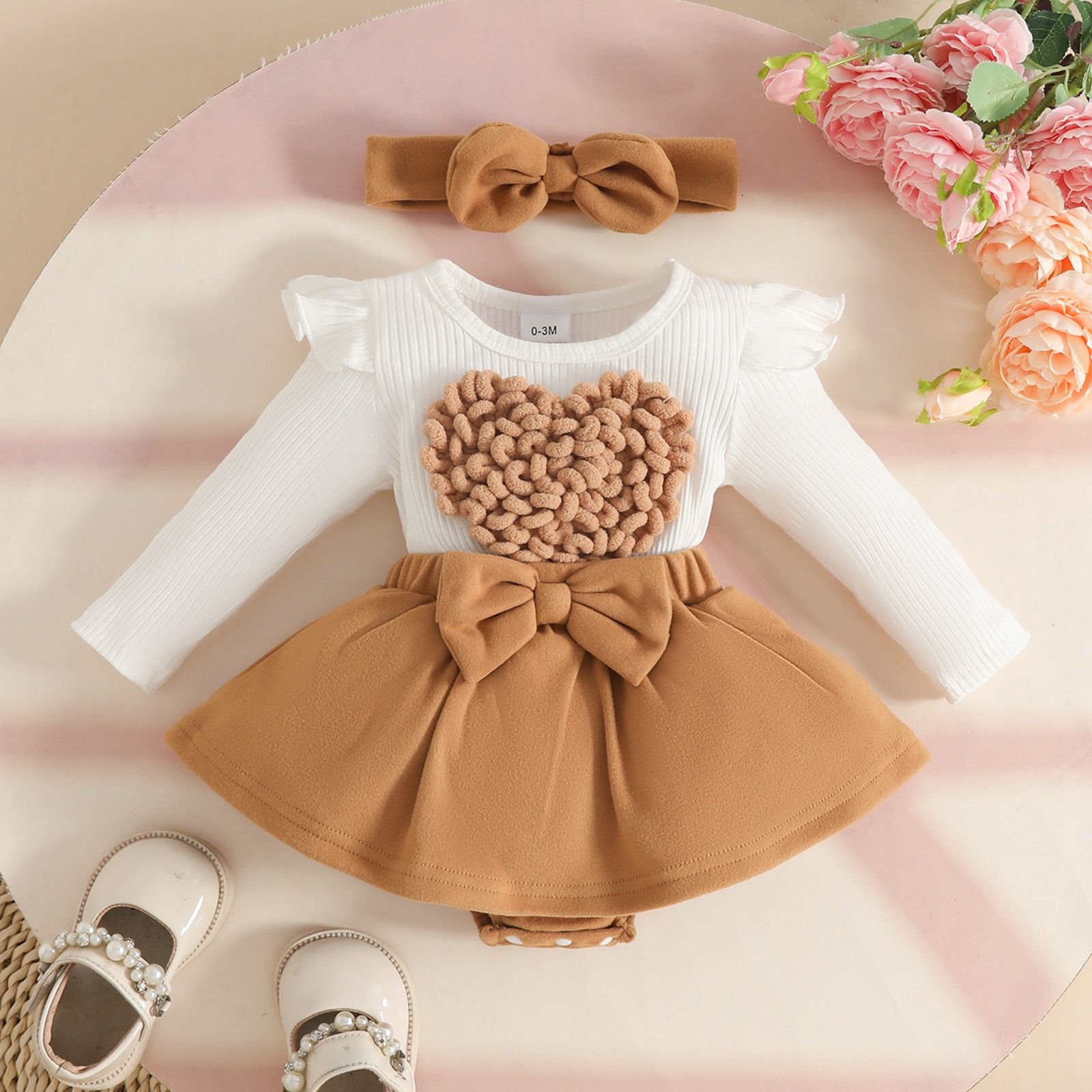 2 Pcs Autumn Winter Baby Girl Dress Cute 3D Heart Ribbed Patchwork Long Sleeve Dress with Woolen Fabric Open Crotch Design Newborn Infant Outfit with Headband Adorable Baby Clothing for 0–18 Months