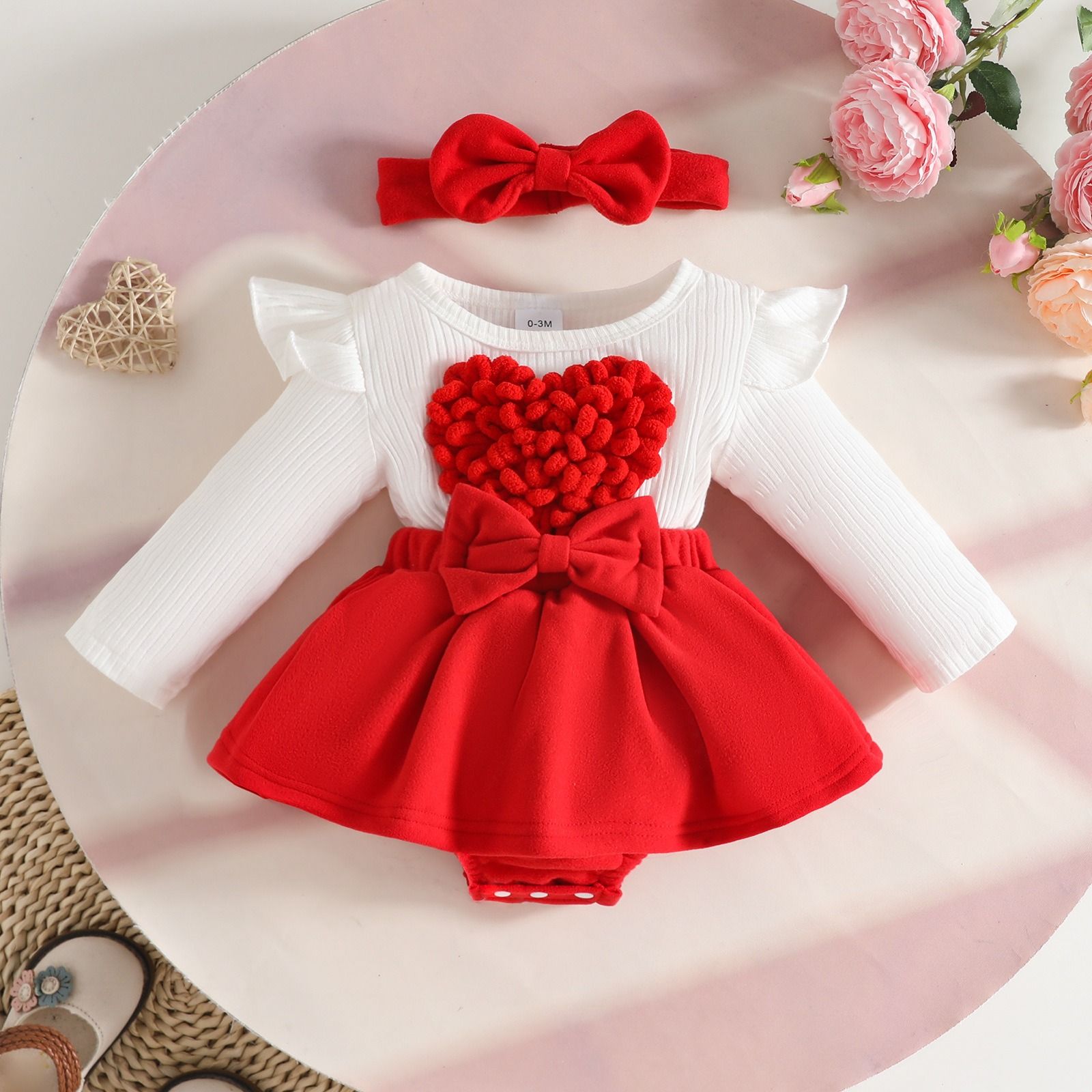 2 Pcs Autumn Winter Baby Girl Dress Cute 3D Heart Ribbed Patchwork Long Sleeve Dress with Woolen Fabric Open Crotch Design Newborn Infant Outfit with Headband Adorable Baby Clothing for 0–18 Months