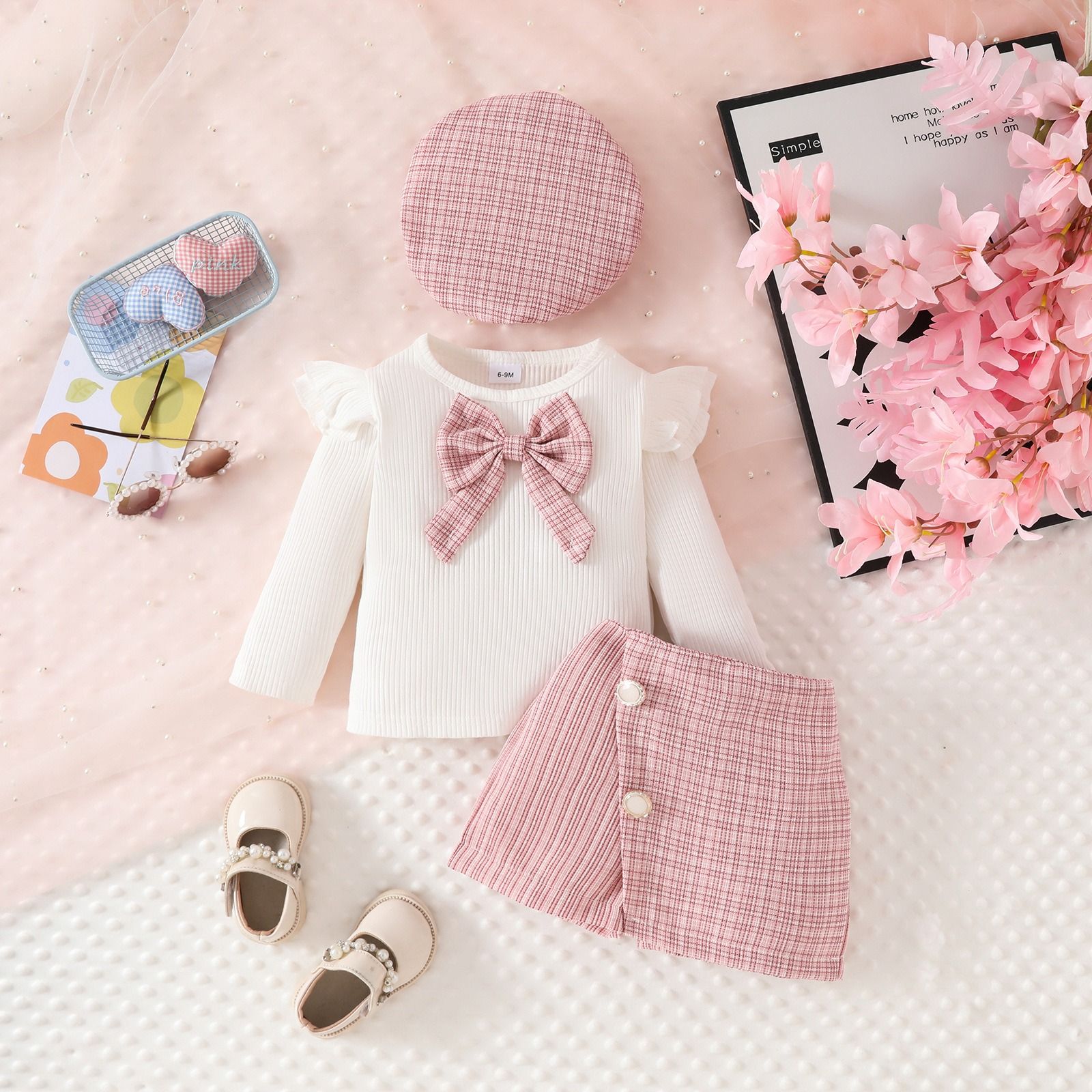 3 Pcs Spring Autumn Baby Girl Outfit Set Ribbed Flutter Sleeve Top with Bow Tie Collar Button Skort and Beret Hat 3-Piece Set Elegant Toddler Clothing for 6 Months to 3 Years