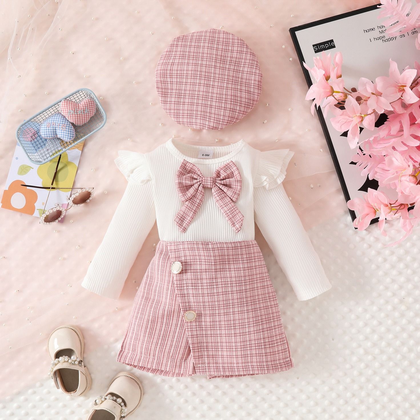 3 Pcs Spring Autumn Baby Girl Outfit Set Ribbed Flutter Sleeve Top with Bow Tie Collar Button Skort and Beret Hat 3-Piece Set Elegant Toddler Clothing for 6 Months to 3 Years