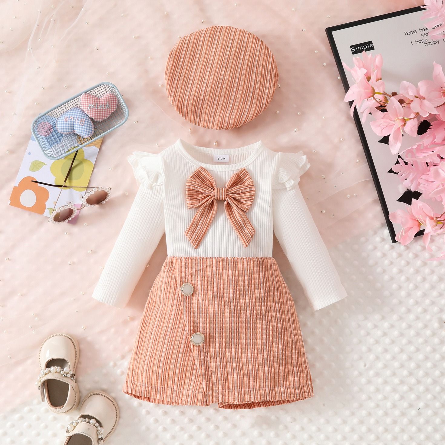 3 Pcs Spring Autumn Baby Girl Outfit Set Ribbed Flutter Sleeve Top with Bow Tie Collar Button Skort and Beret Hat 3-Piece Set Elegant Toddler Clothing for 6 Months to 3 Years