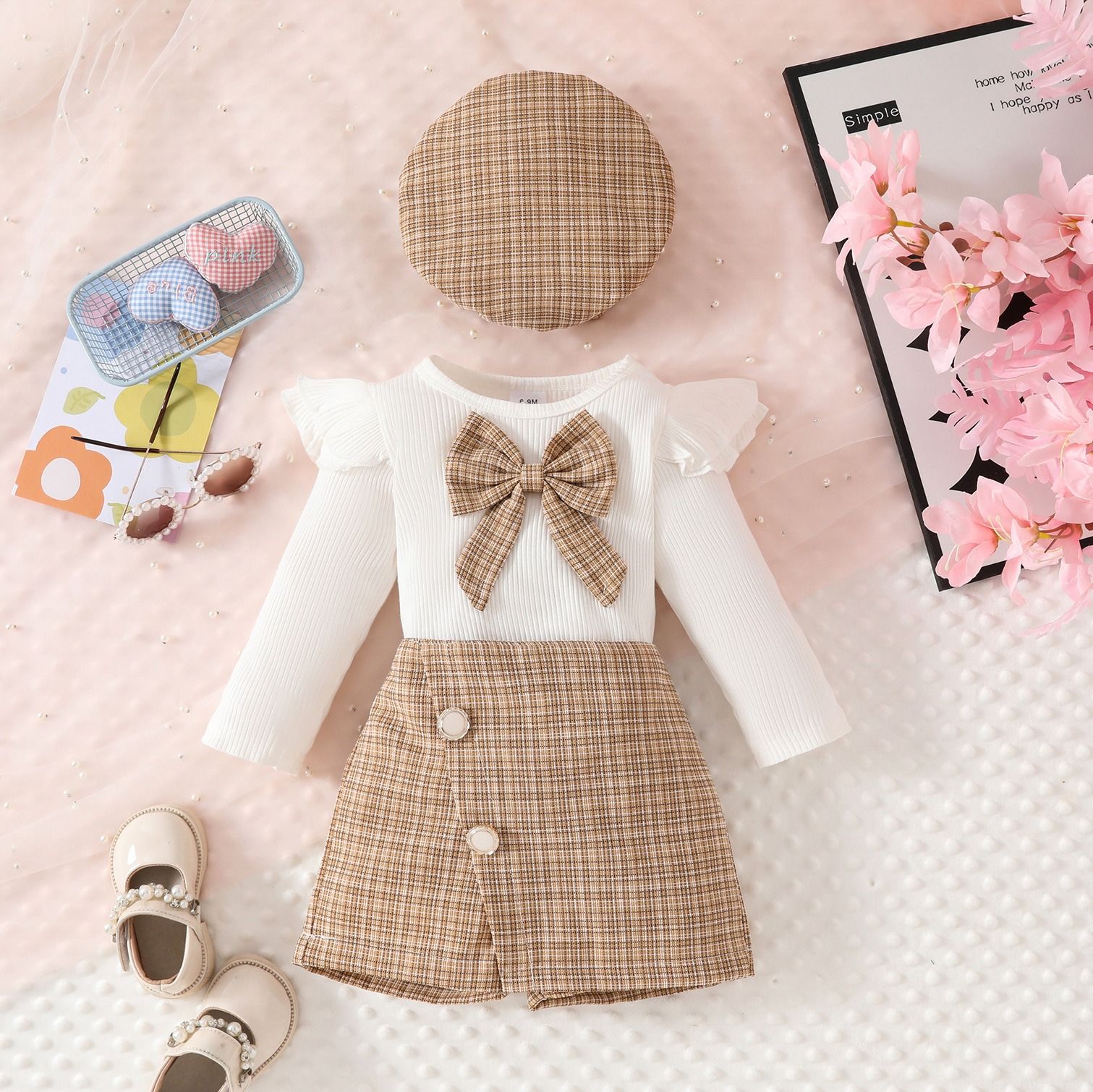 3 Pcs Spring Autumn Baby Girl Outfit Set Ribbed Flutter Sleeve Top with Bow Tie Collar Button Skort and Beret Hat 3-Piece Set Elegant Toddler Clothing for 6 Months to 3 Years