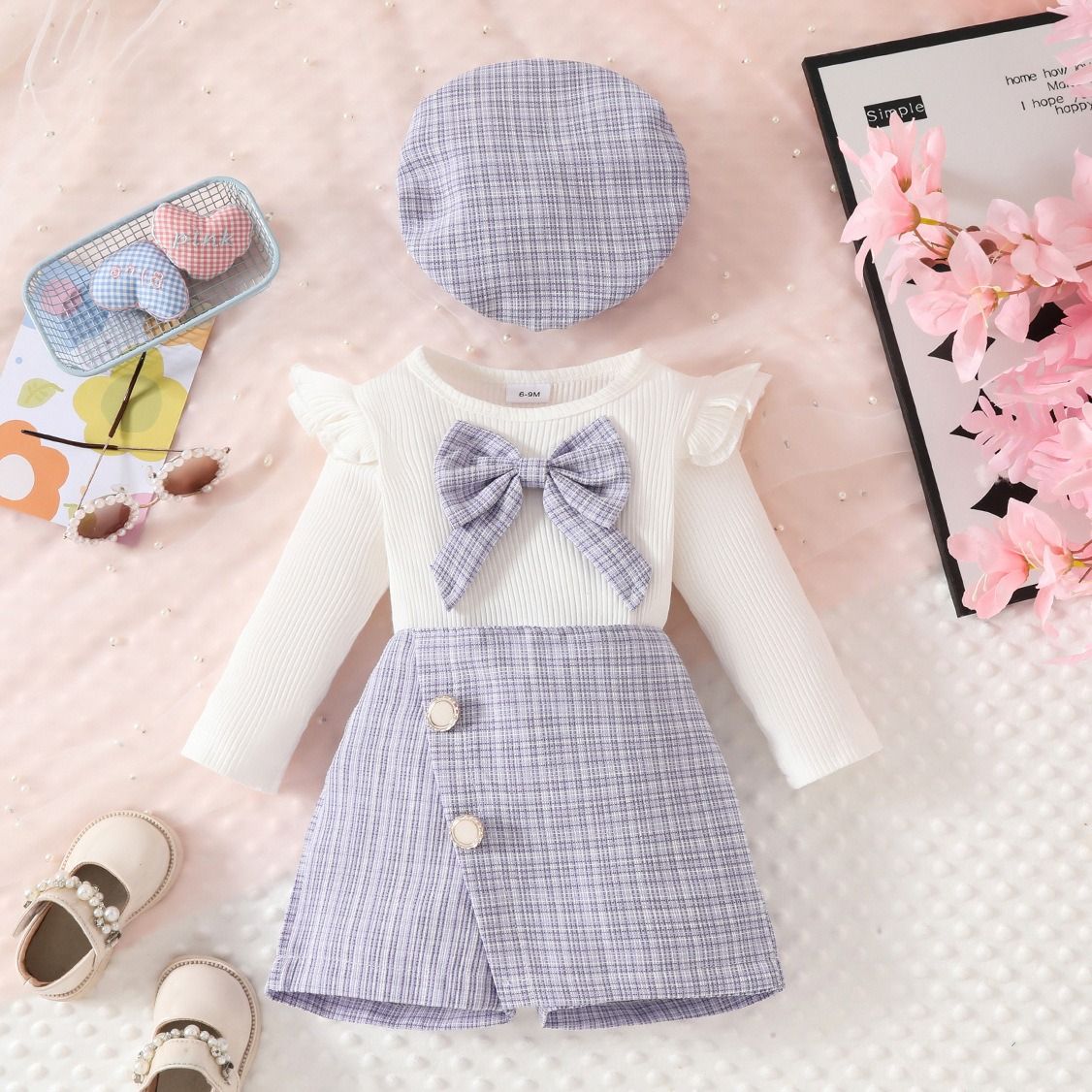 3 Pcs Spring Autumn Baby Girl Outfit Set Ribbed Flutter Sleeve Top with Bow Tie Collar Button Skort and Beret Hat 3-Piece Set Elegant Toddler Clothing for 6 Months to 3 Years