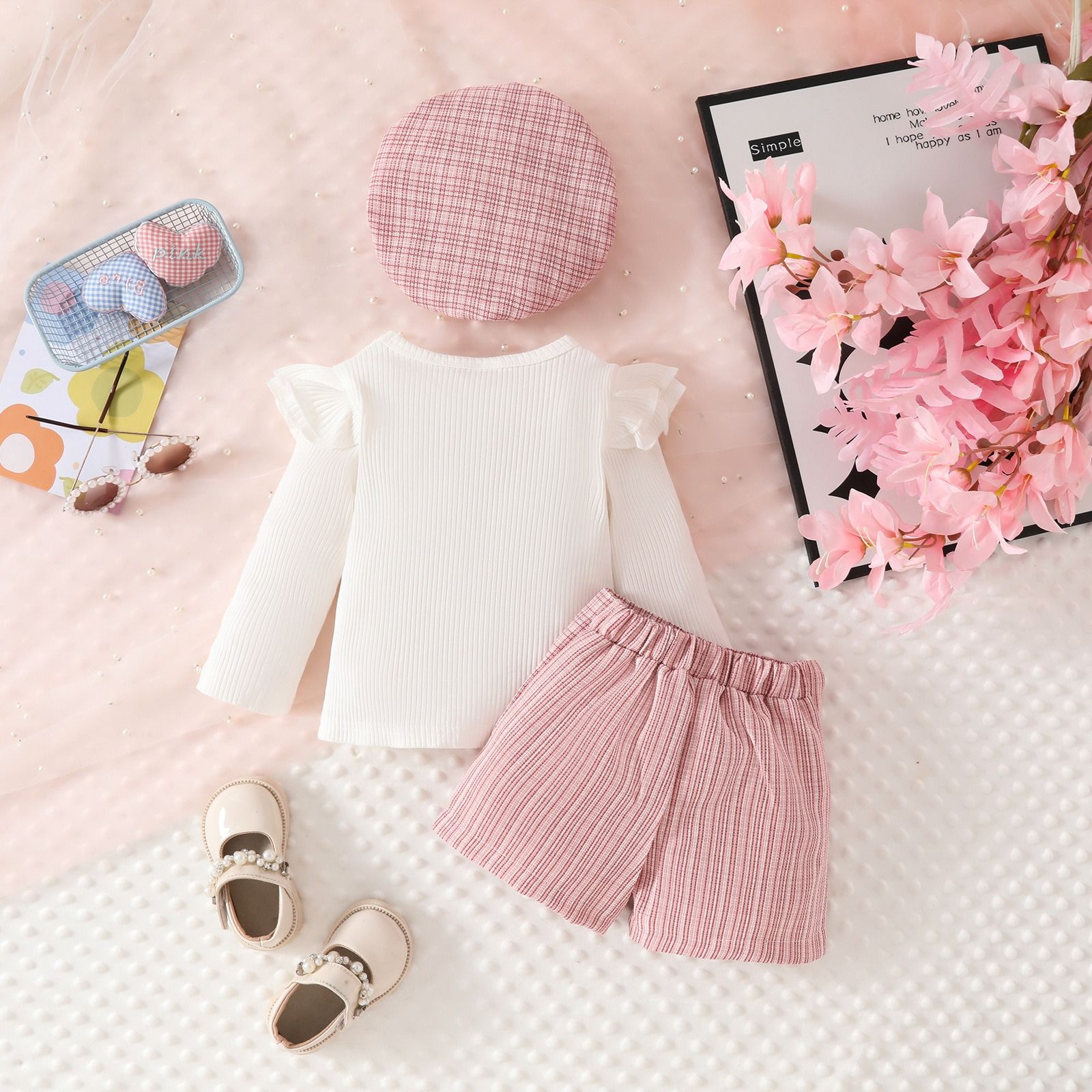 3 Pcs Spring Autumn Baby Girl Outfit Set Ribbed Flutter Sleeve Top with Bow Tie Collar Button Skort and Beret Hat 3-Piece Set Elegant Toddler Clothing for 6 Months to 3 Years