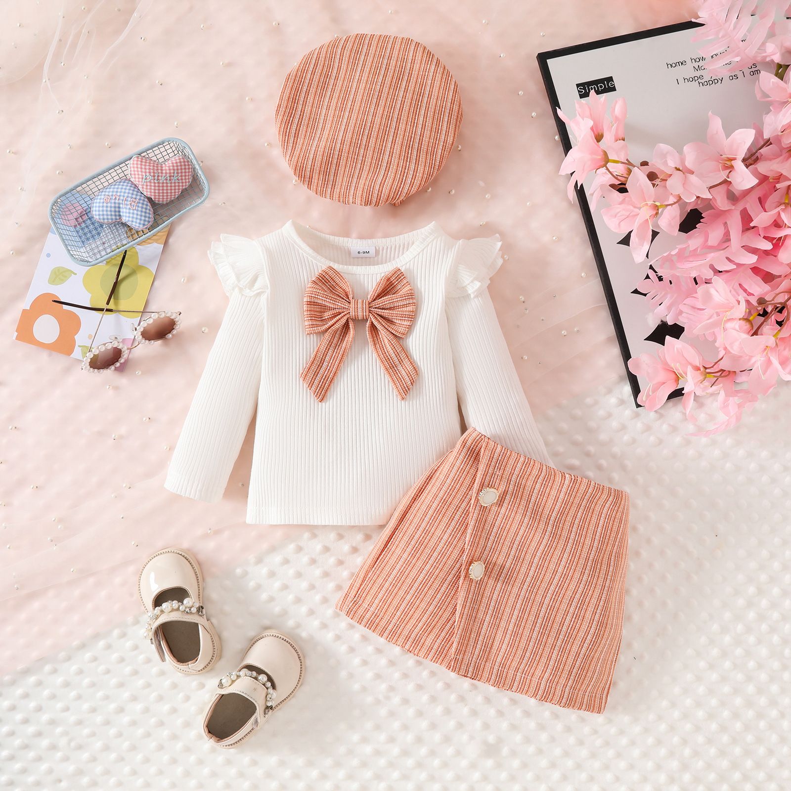 3 Pcs Spring Autumn Baby Girl Outfit Set Ribbed Flutter Sleeve Top with Bow Tie Collar Button Skort and Beret Hat 3-Piece Set Elegant Toddler Clothing for 6 Months to 3 Years