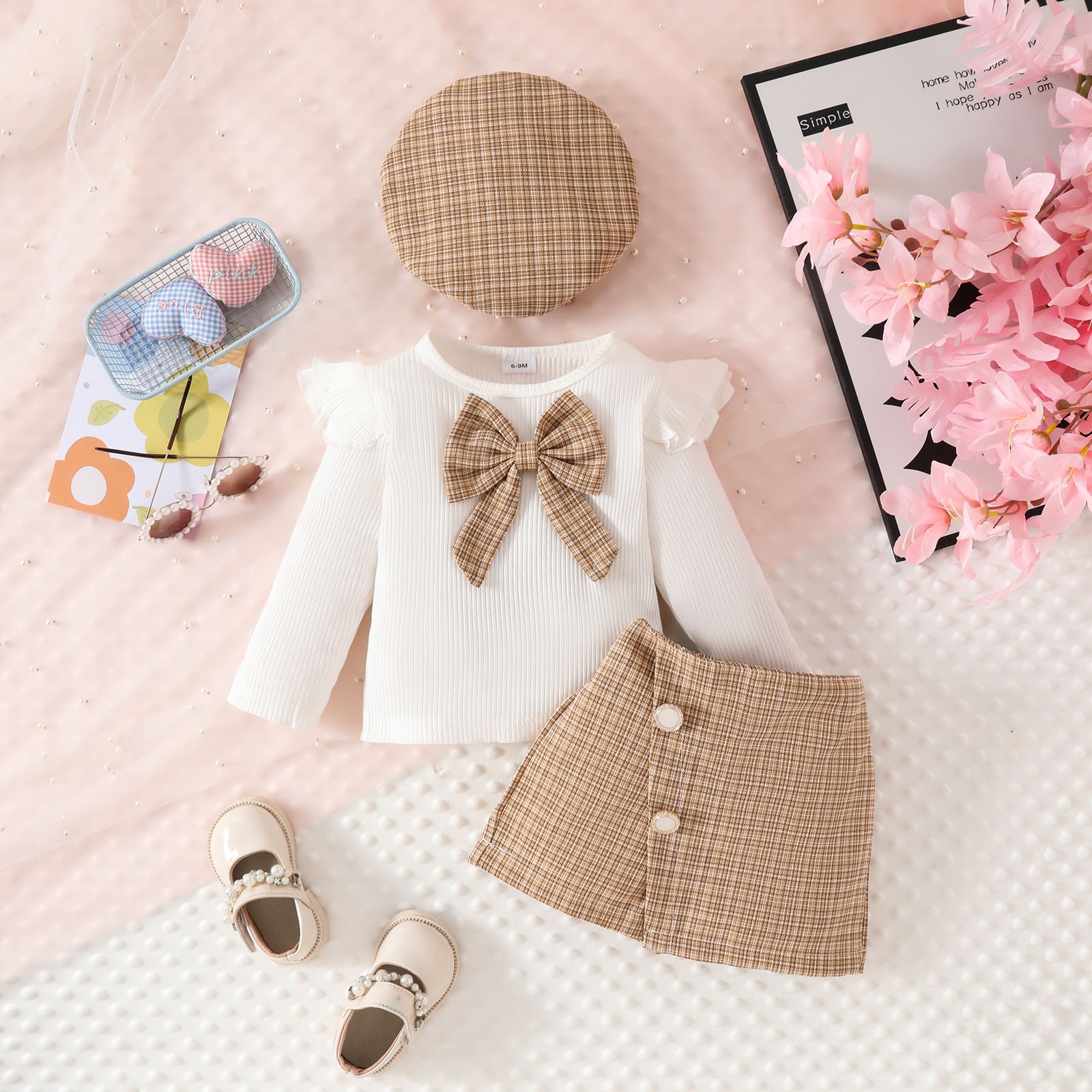 3 Pcs Spring Autumn Baby Girl Outfit Set Ribbed Flutter Sleeve Top with Bow Tie Collar Button Skort and Beret Hat 3-Piece Set Elegant Toddler Clothing for 6 Months to 3 Years
