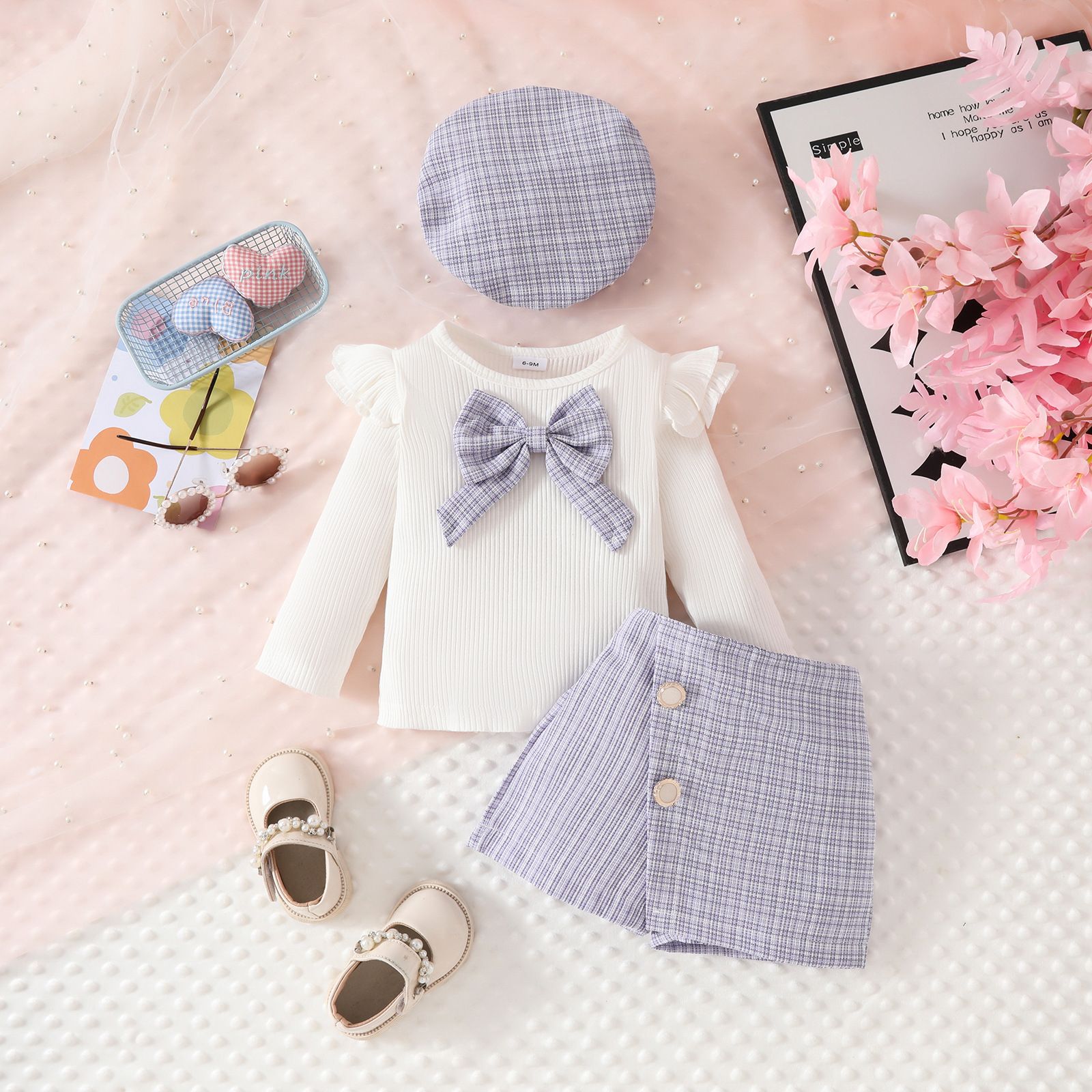 3 Pcs Spring Autumn Baby Girl Outfit Set Ribbed Flutter Sleeve Top with Bow Tie Collar Button Skort and Beret Hat 3-Piece Set Elegant Toddler Clothing for 6 Months to 3 Years