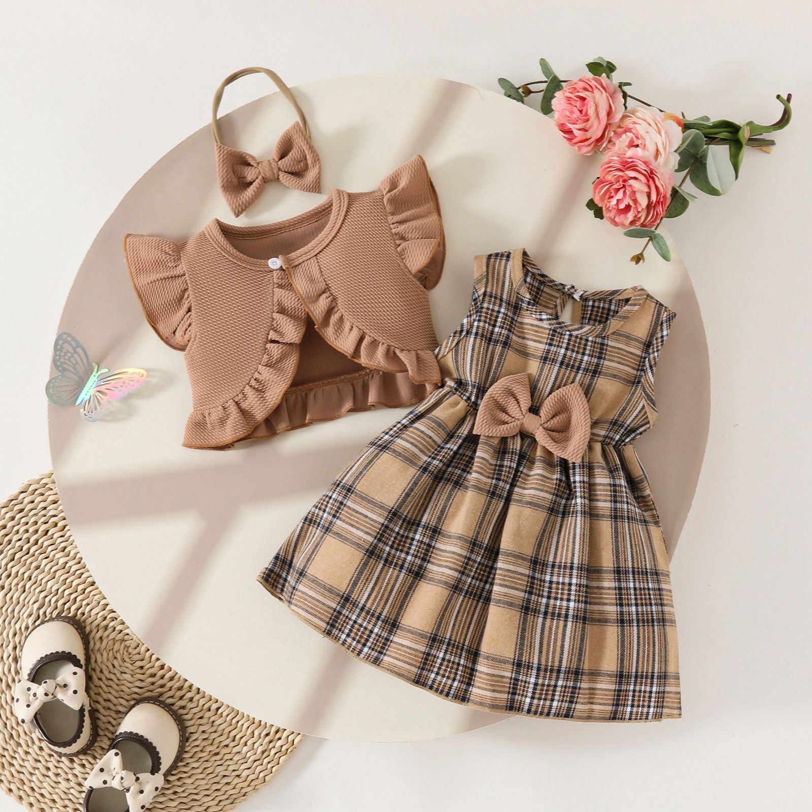 3 Pcs Summer Baby Girl Dress Set Sleeveless Ruffle Crop Jacket Top with Bow Headband Plaid Bow Dress and Infant Toddler Outfit for 3 Months to 3 Years Girls Cute Princess Clothing Set